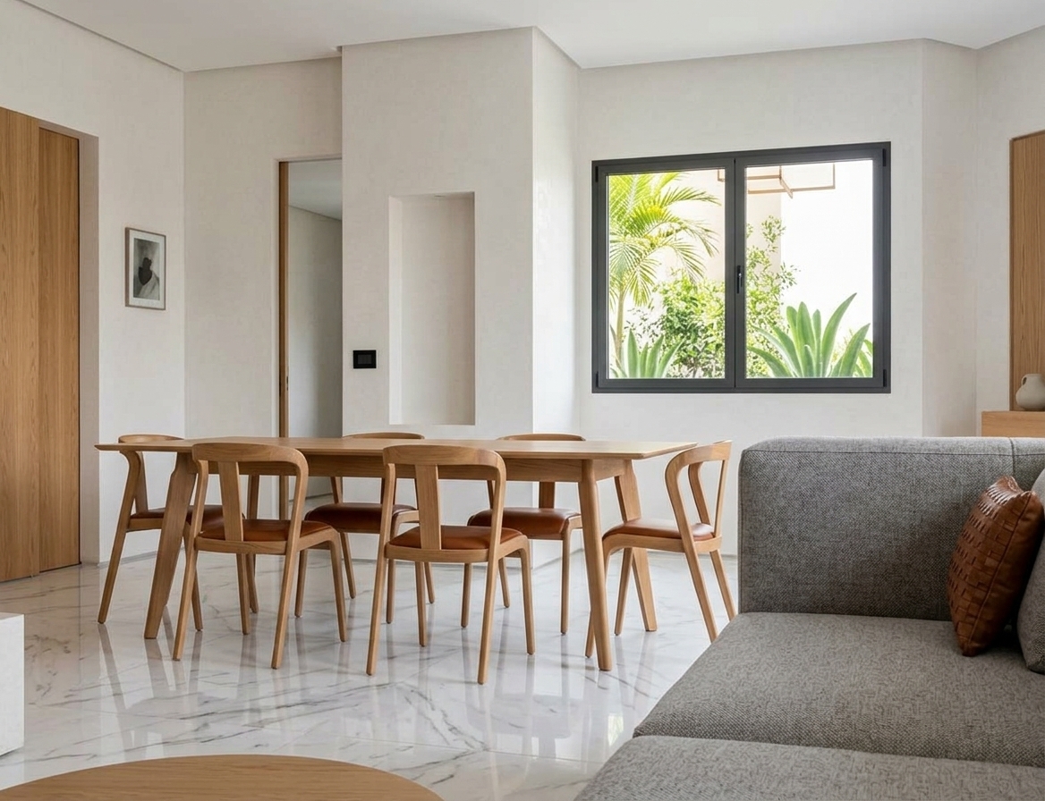 An incredibly lifelike, richly detailed, photorealistic eye-level wide shot of an open-concept dining and living space set in an elegant contemporary residence. The scene is illuminated by soft, diffused natural daylight pouring through a sleek charcoal-framed casement window, creating a bright, serene, and sophisticated atmosphere. Captured with a professional 35mm architectural lens, emphasizing the mirror-like reflections on the polished white marble floor tiles and the tactile warmth of smooth natural oak. At the heart of the room, a finely crafted light-wood dining table is surrounded by minimalist sculpted chairs featuring rich cognac-leather padded seats, perfectly balanced by a tailored heather-grey woven sofa in the foreground adorned with a textured woven leather cushion. Matte off-white plaster walls, accented by a minimalist recessed niche, framed artwork, and vertical-grain oak doors, establish clean geometric lines throughout, while the clear window frames vibrant outdoor greenery and sun-drenched palm fronds, seamlessly marrying organic tranquility with sleek, modern fusion design.