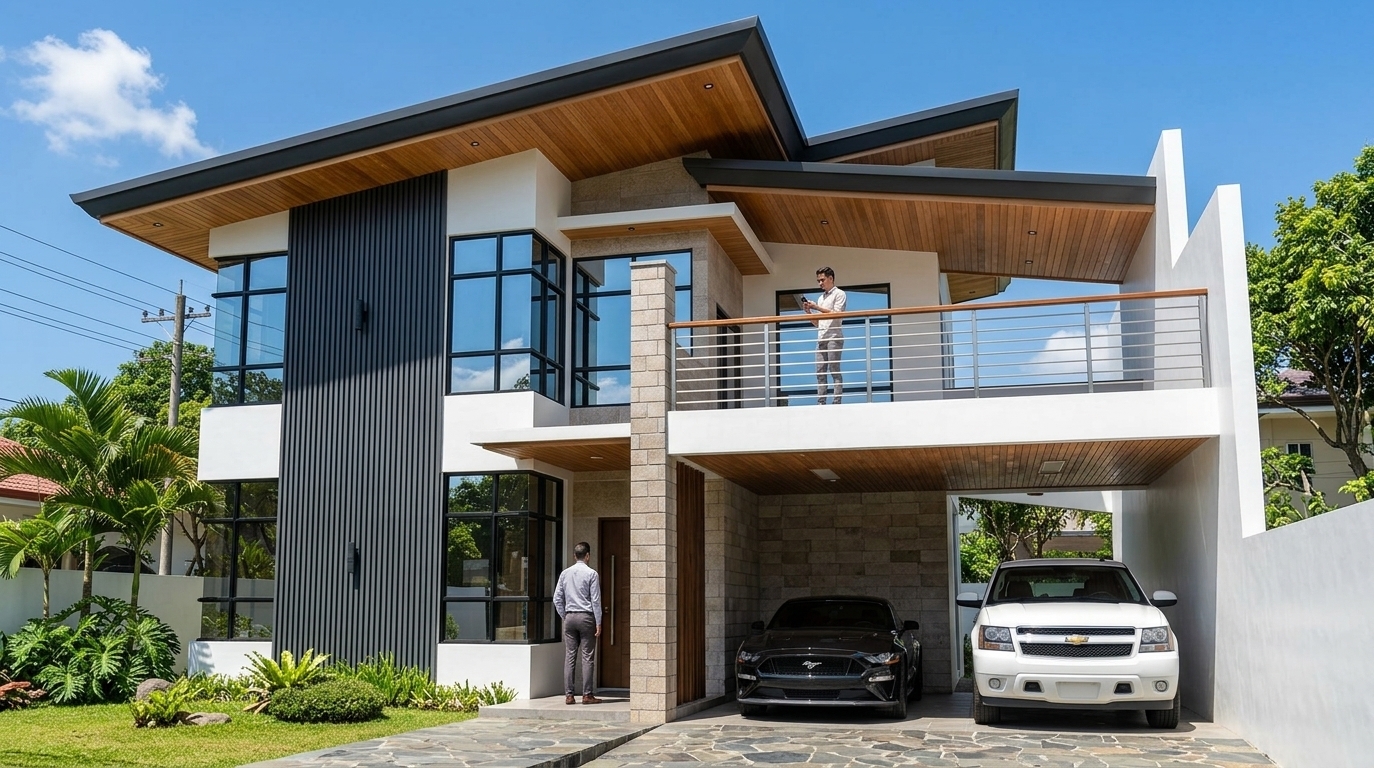 An incredibly lifelike, richly detailed, photorealistic eye-level exterior shot of a modern fusion two-story residence set in a sunlit, manicured suburban environment. The scene is illuminated by brilliant, high-noon summer sunlight filtering through scattered cumulus clouds, casting crisp, dynamic architectural shadows that create a bright, inviting, and sophisticated atmosphere. Captured with a professional 24mm tilt-shift lens, the composition emphasizes a harmonious dialogue between warm natural cedar soffits, vertical charcoal ribbed-metal cladding, textured masonry block pillars, and pristine white stucco walls. Generous floor-to-ceiling corner windows with sleek black frames reflect the surrounding palm greenery and expansive blue sky, highlighting the home’s modular, geometric silhouette. Beneath the dramatic cantilevered upper terrace—accented with brushed stainless steel railings and a polished wood handrail—a sheltered dual-bay carport accommodates a high-gloss black sports coupe and a white SUV parked on smooth stone tiles. Natural slate flagstones cut through a freshly manicured lawn bordered by lush tropical foliage, anchoring this clean, industrial-inspired open-concept design with effortless elegance.