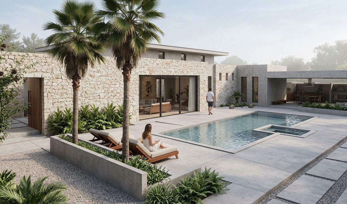 The photo, no auth/33d90d3e 191b 409c 9529 2b988500474f.jpg, captures a stunning contemporary luxury residence and its expansive outdoor entertaining area at dusk, bathed in the soft, warm glow of twilight and strategically placed artificial lighting. The architectural style is modern and clean-lined, featuring a compelling material palette where textured light-colored stone cladding on the main building walls is beautifully contrasted with smooth white stucco elements and dark-framed floor-to-ceiling glass sliding doors. Two prominent palm trees, their fronds a rich green, stand illuminated by powerful uplights, casting dramatic shadows against the stone facade. An expansive light grey concrete patio forms the central hub, surrounding a sleek rectangular swimming pool with an integrated smaller spa area, both accentuated by crisp LED strip lighting along their edges, creating a luminous outline in the gathering darkness. Lush, meticulously curated landscaping frames the space, including manicured lawn sections, low-lying shrubbery in illuminated planter boxes with integrated linear lights, and various tropical plants that soften the hardscape. A dark metal gate with a geometric pattern is visible to the left, hinting at further architectural details. Through the large glass doors, a glimpse into a sophisticated interior living space reveals modern sofas and warm ambient lighting, blurring the lines between indoor and outdoor living. Further into the property on the right, a covered outdoor dining or lounge area, defined by clean white supports and additional stone accents, is brightly lit, showcasing a large wooden table and chairs, ready for evening gatherings. The presence of a woman relaxing on a lounge chair by the pool and a man walking along the poolside path adds a sense of human scale and serene activity to this exquisitely designed, high-end tropical retreat, all under a tranquil sky painted in soft orange and deep blue hues.