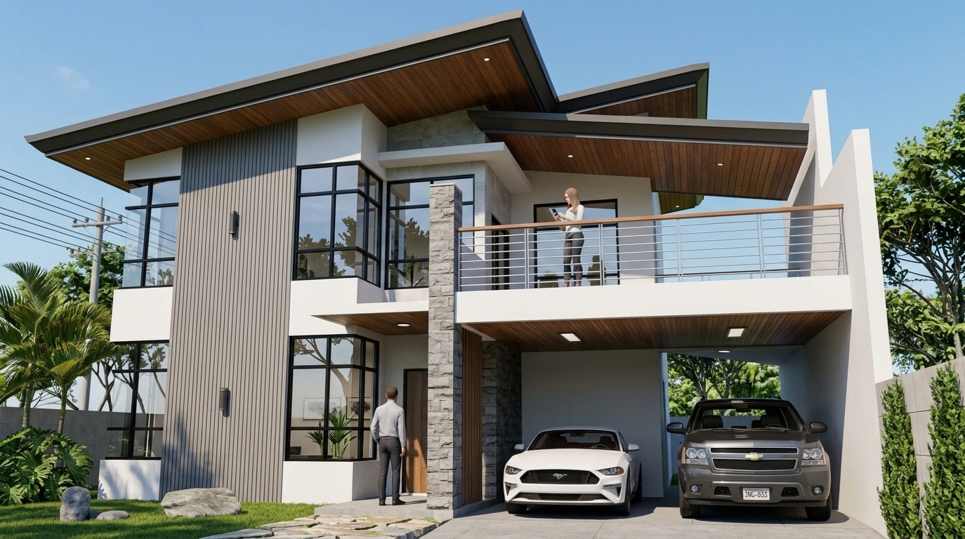 An incredibly lifelike, richly detailed, photorealistic eye-level exterior architectural photo of a modern two-story residence set in a sun-drenched suburban enclave during a warm summer midday. The scene is illuminated by bright, direct natural daylight casting crisp, geometric shadows beneath the broad, dynamic eaves and open carport, creating a serene, sophisticated, and uncluttered atmosphere. Captured with a high-end tilt-shift architectural lens, emphasizing the rich timber grain of the angled roof soffits, textured vertical grey siding, smooth white facade, and high-gloss reflections across the expansive black-framed corner windows. A streamlined second-floor terrace with sleek metal and wood railings rests over a sheltered two-vehicle carport, while glimpses through the clear glazing suggest an elegant, Zen-inspired interior finished in subtle monochromes with minimal decor and indoor plants. Manicured turf, natural stone pavers, and tropical foliage ground the composition, accentuating the structure's crisp, functional, and minimalist lines against a bright sky.