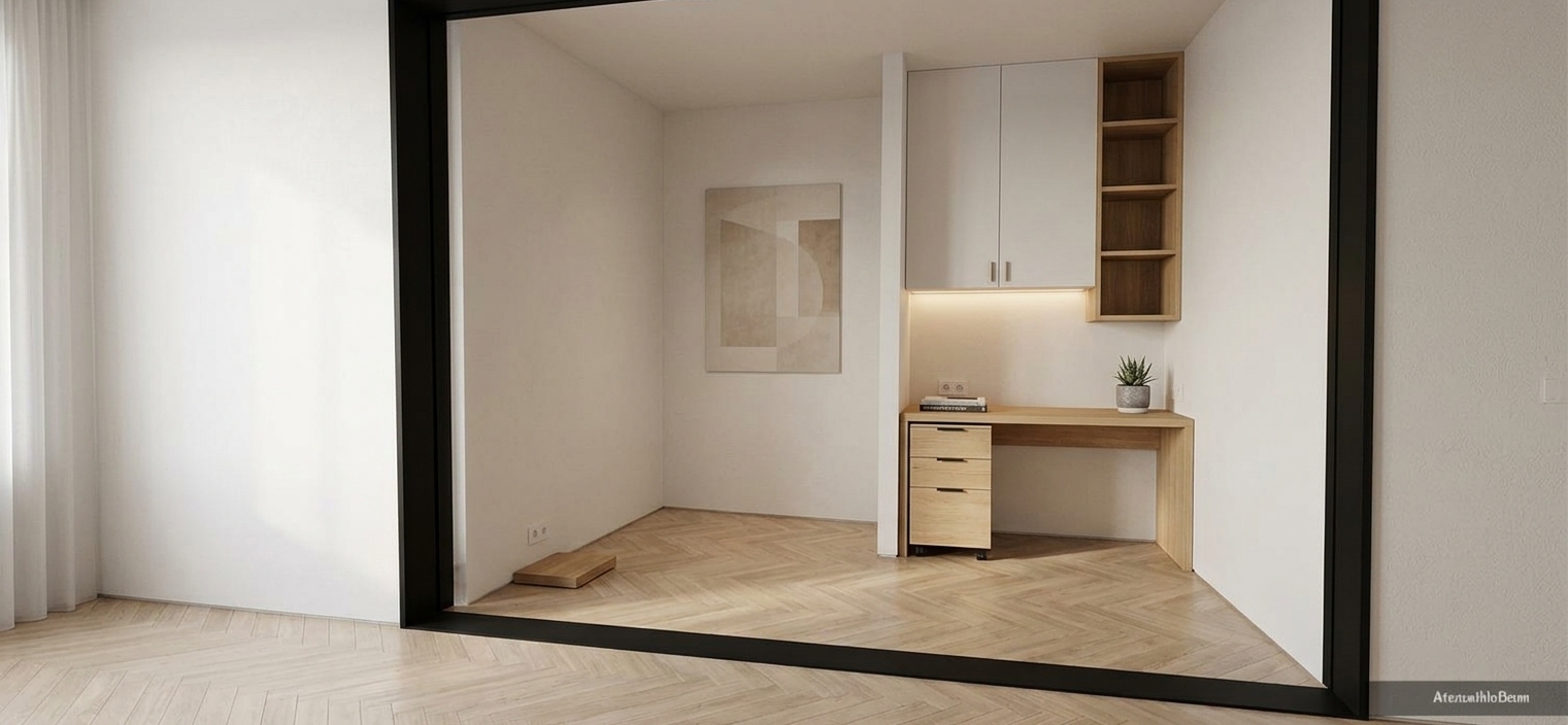 An incredibly lifelike, richly detailed, photorealistic eye-level interior shot of a minimalist study room haven set in a contemporary home. The scene is illuminated by soft, diffused ambient light and warm under-cabinet task lighting, creating a serene, zen-inspired atmosphere. Captured with a 35mm tilt-shift architectural lens, emphasizing the clean linear geometry, tactile light oak surfaces, and matte-finished cabinetry. Tucked elegantly into the alcove, a streamlined natural wood desk features a matching mobile drawer pedestal and overhead minimalist white cabinets flanked by open oak display shelves. The pristine off-white walls are complemented by a discreet piece of abstract wall art and light wood parquet flooring, while the clutter-free desk surface is tastefully styled with a single photography book and a delicate potted indoor plant, completing an exquisitely functional and tranquil retreat.