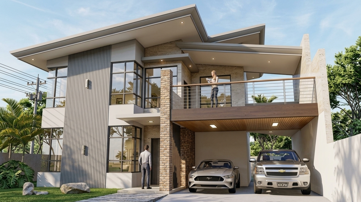 An incredibly lifelike, richly detailed, photorealistic wide-angle architectural shot of a contemporary two-story luxury residence set in a sun-drenched suburban summer environment. The scene is illuminated by vibrant midday sunlight softened by high drifting clouds, creating an airy, sophisticated, and balanced atmosphere with crisp, natural shadows. Captured with a professional 24mm tilt-shift lens, emphasizing the rich contrast of polished stone surfaces, fine gray fluted vertical cladding, and warm champagne-toned timber soffits beneath dramatic, multi-tiered floating rooflines. Expansive grid-paneled corner windows framed in slim dark metal reflect the azure sky, revealing hints of light-filled interiors adorned with curated decor and sculptural lighting. On the spacious cantilevered upper balcony, framed by slender metal and wood railings, an elegant figure enjoys the breeze, while below, a polished stone pathway bordered by soft green turf and natural accent boulders guides the eye toward the inviting entrance and a sleek sheltered carport housing two luxury vehicles, embodying refined, understated elegance suited for a prestigious photography monograph.
