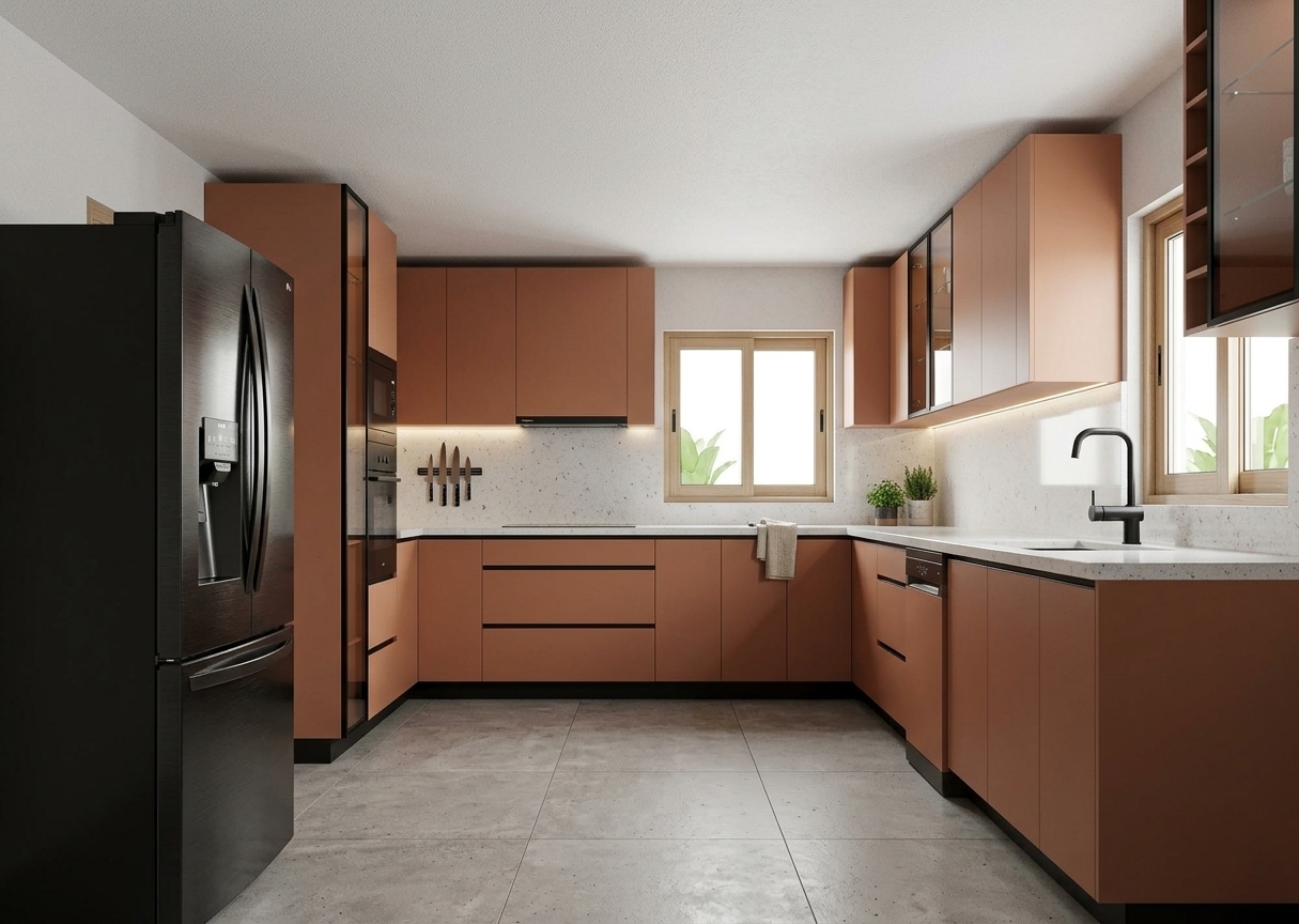 A photorealistic architectural photograph of the modern kitchen matching the exact perspective, featuring seamless cabinetry finished in smooth matte terra melamine and upper glass cabinets framed in slim black aluminum. The countertops are polished galaxy white quartz with faint crystalline speckles, contrasting with the sleek matte black appliances, faucet, and recessed hardware. Rich, wood-look porcelain tile flooring runs across the ground, showing realistic grain and texture. Crisp natural daylight streams through the windows, casting soft ambient illumination, realistic bounce light, and gentle reflections across the quartz surfaces without altering the geometry.