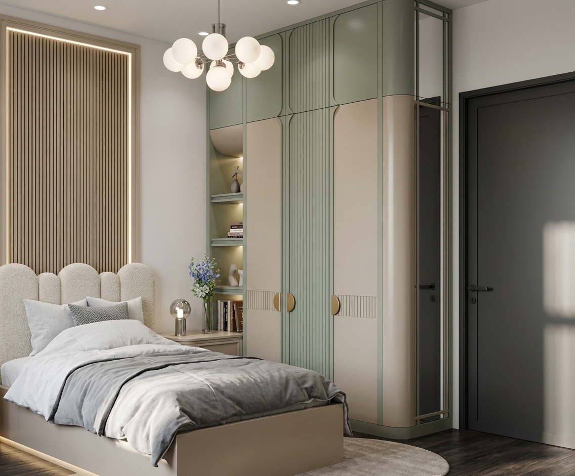 An incredibly lifelike, richly detailed, photorealistic eye-level interior shot of an elegant modern bedroom set in a luxury contemporary residence. The scene is illuminated by soft, neutral white 4000K architectural downlights complemented by seamless, concealed LED glow strips running beneath the display shelves, floating under the bedside table, and casting a delicate halo behind the headboard, creating a tranquil, sophisticated atmosphere. Captured with a 35mm tilt-shift lens at eye level, emphasizing tactile boucle and linen textures, subtle satin-lacquered millwork, and authentic dark wood grain. 

The custom floor-to-ceiling wardrobe showcases a refined sage green and warm light beige palette with bespoke vertical panel grooves and softly rounded edges; its left open niche features neatly arranged books and sculptural decor under integrated illumination, while the right radius seamlessly incorporates a full-height mirror reflecting clear, ray-traced details of the space. Positioned beside the millwork, the signature bed features a meticulously upholstered, scalloped headboard draped in crisp, layered neutral bedding, resting gracefully over deep-toned satin vinyl flooring and a plush circular accent rug near the minimalist charcoal interior door. Overhead, a mid-century inspired chandelier with frosted globe diffusers completes this immaculately composed, hyper-realistic architectural visualization.