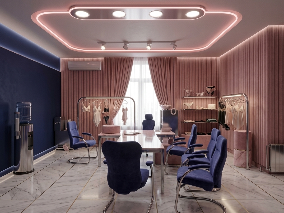 An incredibly lifelike, richly detailed, photorealistic wide-angle interior photograph of a chic retro-futuristic women's lingerie boutique set in a high-end urban retail space. The scene is illuminated by soft perimeter cove lighting, luminous circular ceiling fixtures, and diffused dusty-rose neon glows, creating an intimate, glamorous, and sensual atmosphere. Captured with a high-resolution camera paired with a 24mm wide-angle lens, emphasizing tactile velvet textures, gleaming chrome reflections, and delicate silk fabrics. 

Transforming the cold, rigid layout of the former office into an organic, fluid sanctuary, the room is enveloped in dramatic deep indigo walls balanced by soft dusty-pink fluted accents and plush, rounded architectural elements. The rear window is framed by billowy, floor-to-ceiling dusty-rose velvet curtains, allowing gentle natural light to mingle with the stylized interior glow. In place of the conference desk, sculptural serpentine garment rails forged from polished chrome snake through the center, displaying exquisite lingerie, complemented by pill-shaped pink marble and velvet display pedestals. A retro-futuristic curved seating pod with modular indigo velvet armchairs anchors the corner, giving the boutique a seamless blend of Space Age sophistication and feminine elegance.