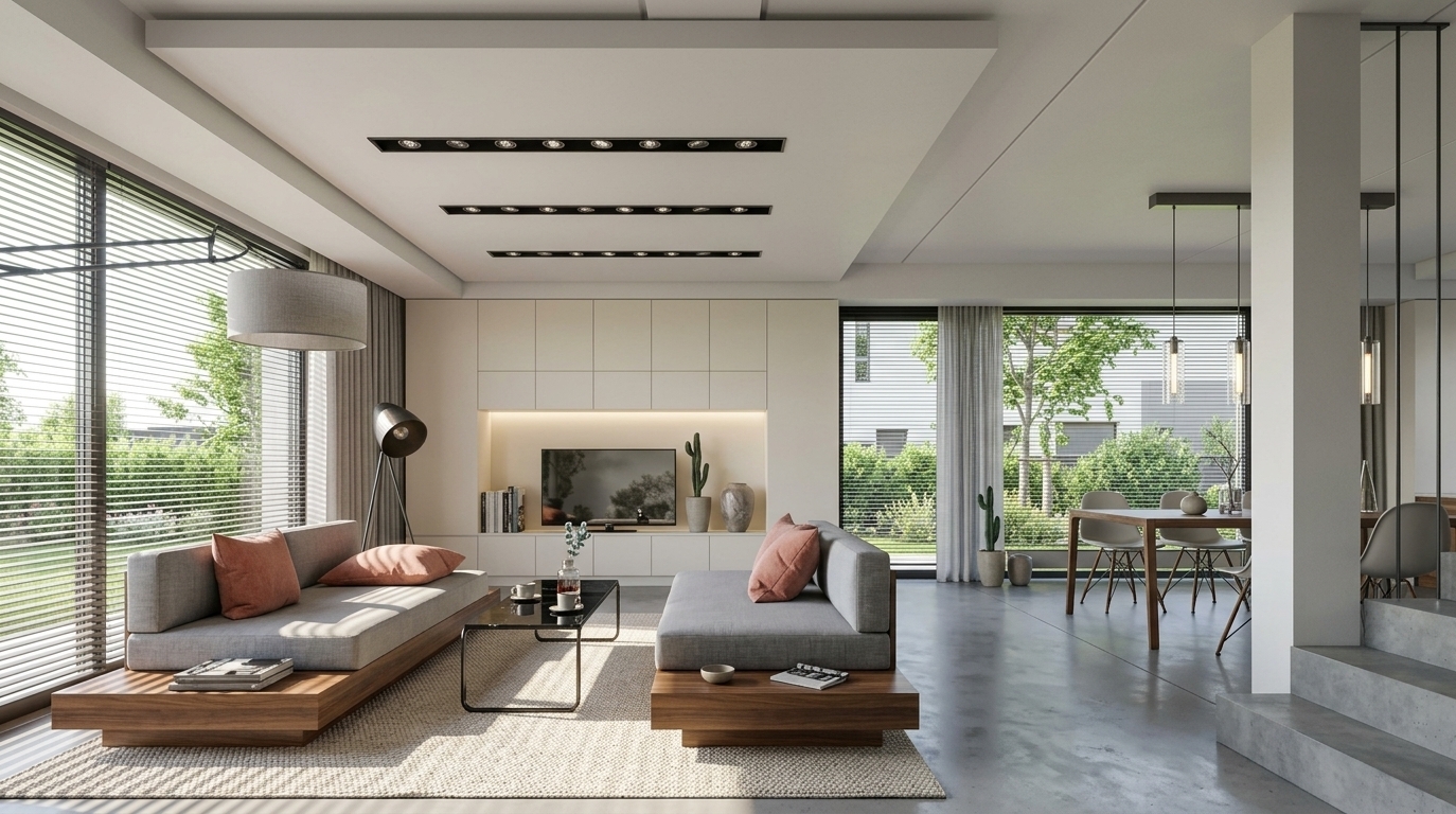 An incredibly lifelike, richly detailed, photorealistic wide-angle interior shot of a sophisticated living room set in a contemporary open-concept residence during a sunlit summer midday. The scene is illuminated by crisp, abundant daylight streaming through floor-to-ceiling slatted windows balanced by soft cove backlighting and flush-mounted linear downlights, creating an airy, tranquil, and polished atmosphere. Captured with a professional full-frame camera and a 24mm architectural tilt-shift lens, emphasizing rich walnut platforms, tailored soft gray upholstery, and smooth concrete finishes. The seating area is thoughtfully grounded by a woven pearl-toned rug, featuring low-profile sectionals accented with muted coral cushions, a glossy black stone-topped coffee table holding photography books, and slim metal accents. In the background, clean-lined built-in cabinetry in shades of warm white frames a softly illuminated media niche with curated ceramics, while views through expansive glazing open toward lush green exterior landscaping, embodying understated luxury and seamless indoor-outdoor living.
