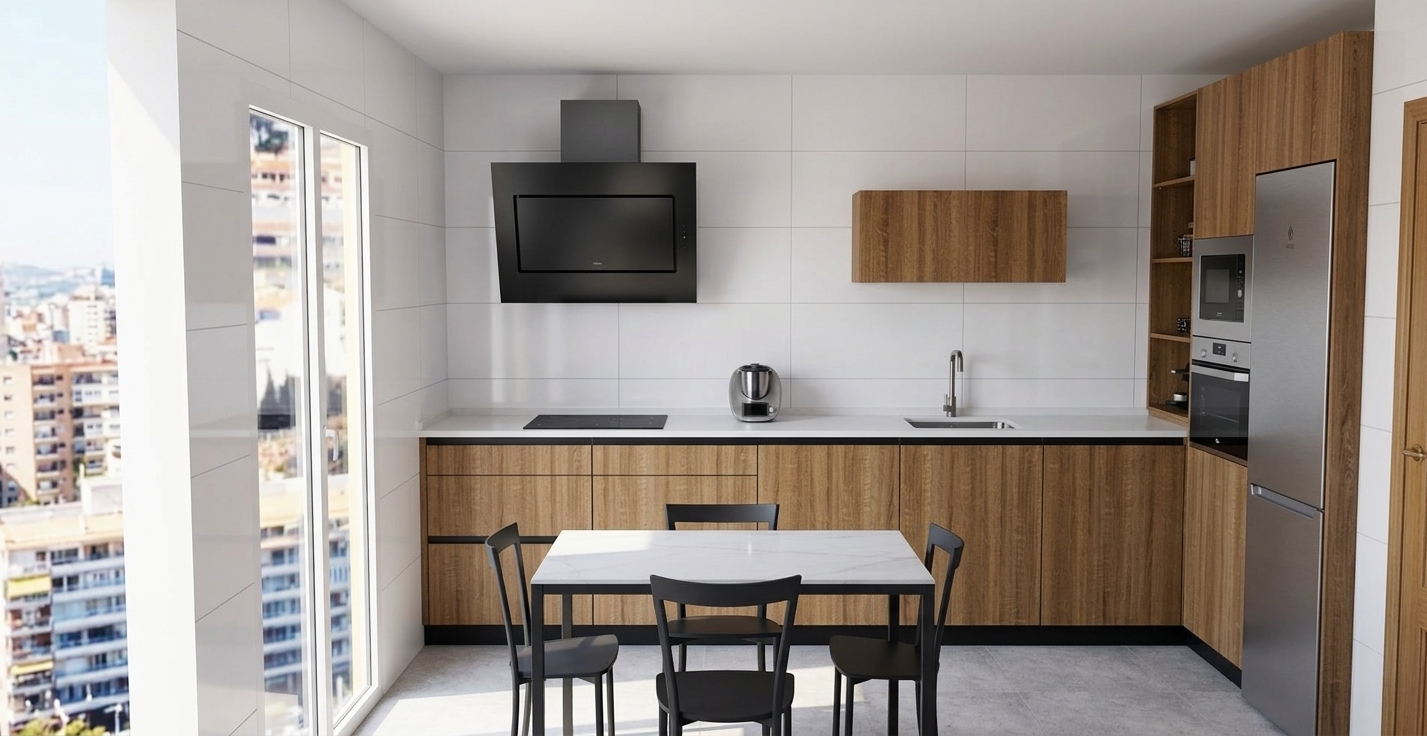 Photorealistic interior photograph capturing the exact layout, geometry, and composition of the modern kitchen. Natural daylight streams through the left sliding glass door, casting realistic soft shadows and warm highlights across the space. The light oak cabinetry exhibits rich, tactile wood grain and authentic matte textures, balanced by the smooth sheen of the white countertops, glossy black range hood, and brushed stainless steel appliances. Large-format white wall tiles display crisp, subtle grout seams, while the dark dining chairs show realistic matte finishes. Shot on a 35mm architectural lens with natural exposure, balanced dynamic range, and gentle photographic depth.