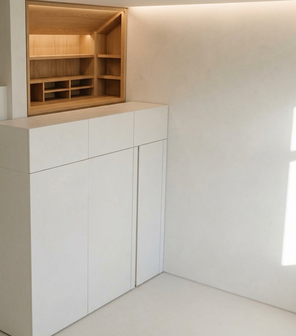 An incredibly lifelike, richly detailed, photorealistic eye-level interior photo of a bespoke multifunctional cabinetry system in a minimalist study haven, transitioning into a lofted attic space. The scene is illuminated by soft, recessed warm LED cove lighting integrated beneath overhead ledges and gentle daylight washing across the walls, creating a calm, serene, and sophisticated atmosphere. Captured with a 35mm architectural lens, emphasizing seamless joinery, ultra-matte off-white lacquered finishes, and the organic grain of natural light oak lining. The primary floor-to-ceiling casework features a concealed vertical pull-out ladder hidden seamlessly within a side panel, designed for sleek, effortless access to the upper level. Directly above the main storage block, a sleek horizontal band of flush push-to-open cabinets provides immaculate, handle-free utility. Looking upward, the elevated storage alcove is elegantly transformed with warm, tailored timber-clad shelving, concealed strip lights, and organized modular compartments, blending exquisite craftsmanship with hyper-functional attic utility.