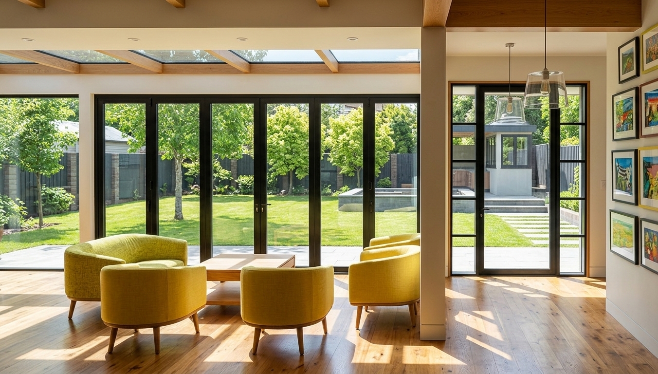 An incredibly lifelike, richly detailed, photorealistic wide-angle interior photograph of a modern fusion living room set in a private summer residence. The scene is illuminated by brilliant midday summer sun streaming through floor-to-ceiling glass doors, creating a bright, airy, and inviting atmosphere. Captured with a professional full-frame camera and a 24mm architectural tilt-shift lens, emphasizing the rich natural grain of polished hardwood floorboards, tactile chartreuse upholstered accent chairs, and vibrant framed artwork displayed along the feature wall on the right. In the seating lounge, a cluster of curved, lemon-yellow tub chairs and a minimalist timber coffee table invite conversation, while expansive black-framed bi-fold glass doors seamlessly open up to meticulously landscaped gardens, revealing sun-dappled emerald lawns, flourishing leafy trees, and paved garden pathways basking in the crisp warmth of a clear summer day.