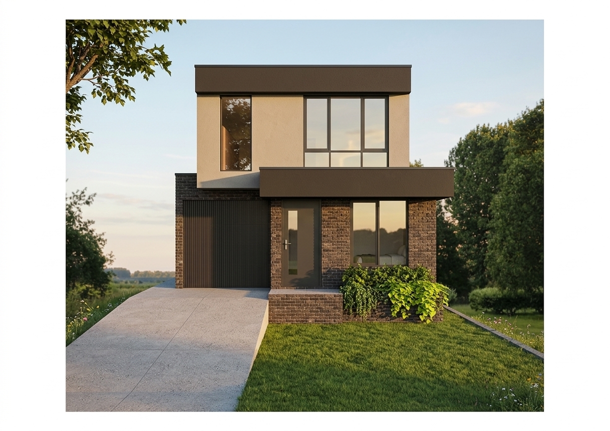 An architectural photograph of the modern two-story house illuminated by warm, low-angled summer sunset light. The golden-hour sun casts soft, elongated shadows across the textured dark brick facade, smooth beige stucco, and matte charcoal trim, while the glass windows realistically reflect the evening sky and distant foliage. The driveway reveals natural concrete aggregate texture, fronted by vibrant green summer turf and lush planter greenery. Captured with an architectural tilt-shift lens, the shot balances warm golden highlights with cool ambient shadows, featuring authentic dynamic range, subtle lens falloff, and natural photographic depth while precisely retaining the original geometry and framing.