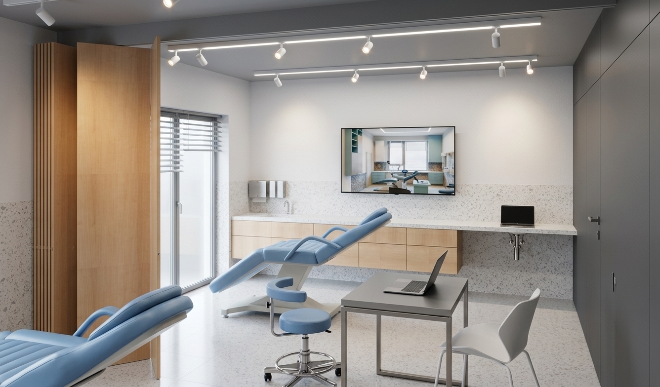 A bright, professionally photographed modern medical consulting room, capturing the exact spatial layout with realistic architectural interior photography. Illumination blends neutral cool daylight filtering through the slatted blinds with soft illumination from the overhead ceiling track lights, casting gentle contact shadows across the speckled terrazzo flooring. The light wood grain of the folding screen and base cabinetry reveals natural, satin-sheen textures, while the examination bed and doctor's stool feature realistic sky-blue medical vinyl with subtle creases. Surfaces display tactile realism, from the polished white terrazzo backsplash and matte painted walls to clean reflections on the laptop and wall-mounted screen, rendered with a crisp wide-angle lens at deep focus and balanced clinical contrast.