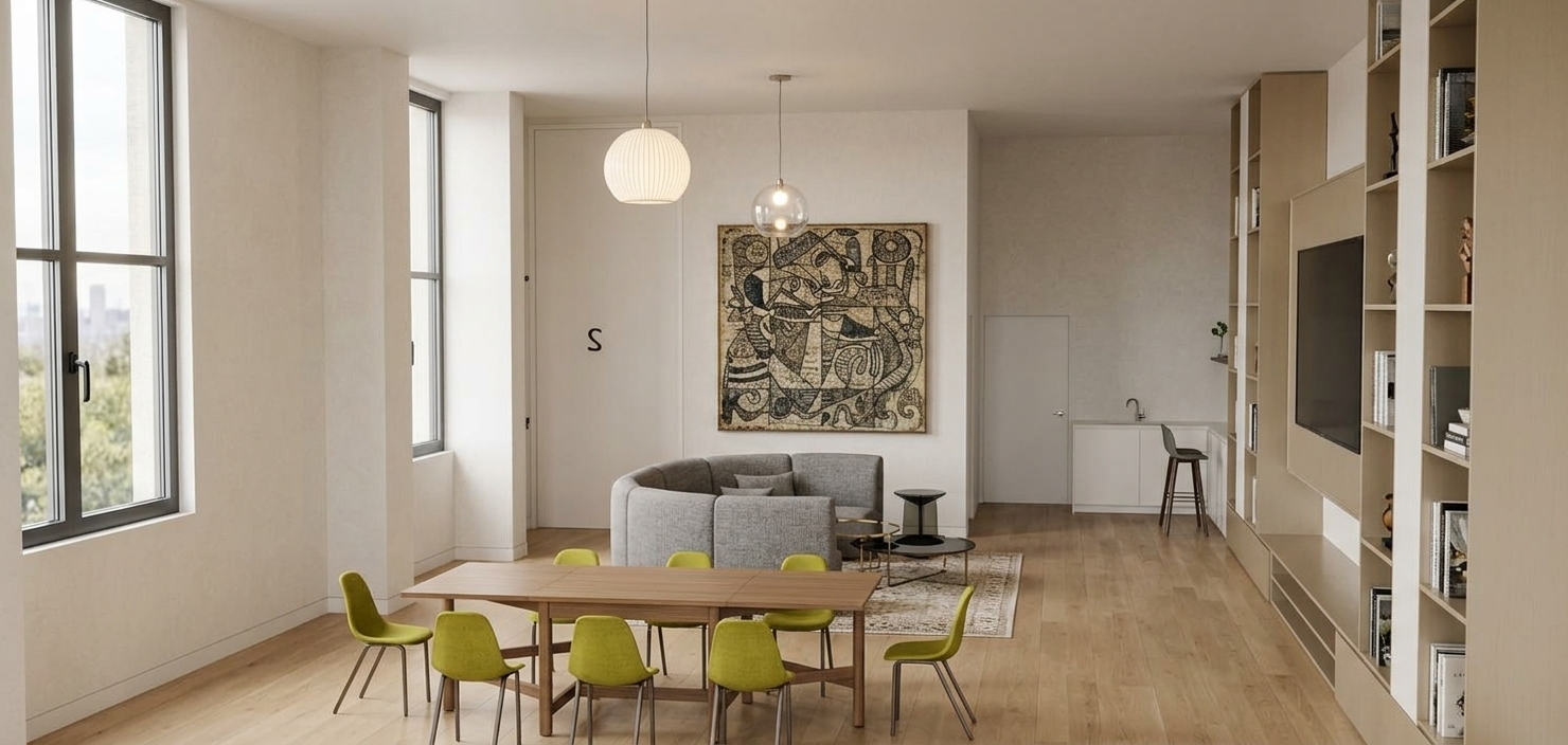 An incredibly lifelike, richly detailed, photorealistic wide-angle interior shot of a refined open-concept executive living and work suite set in a high-ceilinged modern residence. The scene is illuminated by gentle, diffused daylight streaming through expansive side windows alongside the ambient, warm glow of sculpted glass pendant lights, creating an airy, light-filled, and sophisticated atmosphere. Captured with a full-frame camera and a 24mm architectural lens, emphasizing smooth light oak flooring, tailored upholstery, and sleek matte millwork. In the foreground, an elongated wooden conference and dining table is surrounded by contoured accent chairs in vibrant chartreuse, bringing a curated pop of energy to a palette dominated by warm white, pearl, and champagne tones. Further into the room, a curved, tailored sectional in soft woven gray embraces an understated lounge area set over an artisan rug, centered beneath a large, framed abstract graphic tapestry. Along the right perimeter, expansive floor-to-ceiling shelving displays photography books and curated decor, seamlessly framing an integrated media unit and leading the eye toward an understated, polished kitchenette in the background.