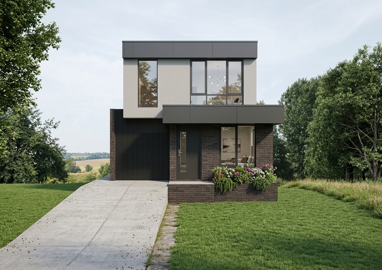 Architectural photograph capturing the modern two-story house during a warm summer golden hour sunset, precisely preserving the original geometry, perspective, and composition. Low-angle evening sunlight casts soft, elongated shadows, bathing the textured dark brickwork, vertical charcoal siding, and upper stucco exterior in rich amber light. Window panes exhibit realistic sunset reflections alongside faint, warm interior glow. The driveway displays authentic poured-concrete texture with subtle surface grit, the lawn features natural summer grass blades, and the surrounding trees are rendered as lush, authentic summer foliage under a soft dusk sky, captured on a professional tilt-shift lens with balanced dynamic range and gentle natural vignetting.