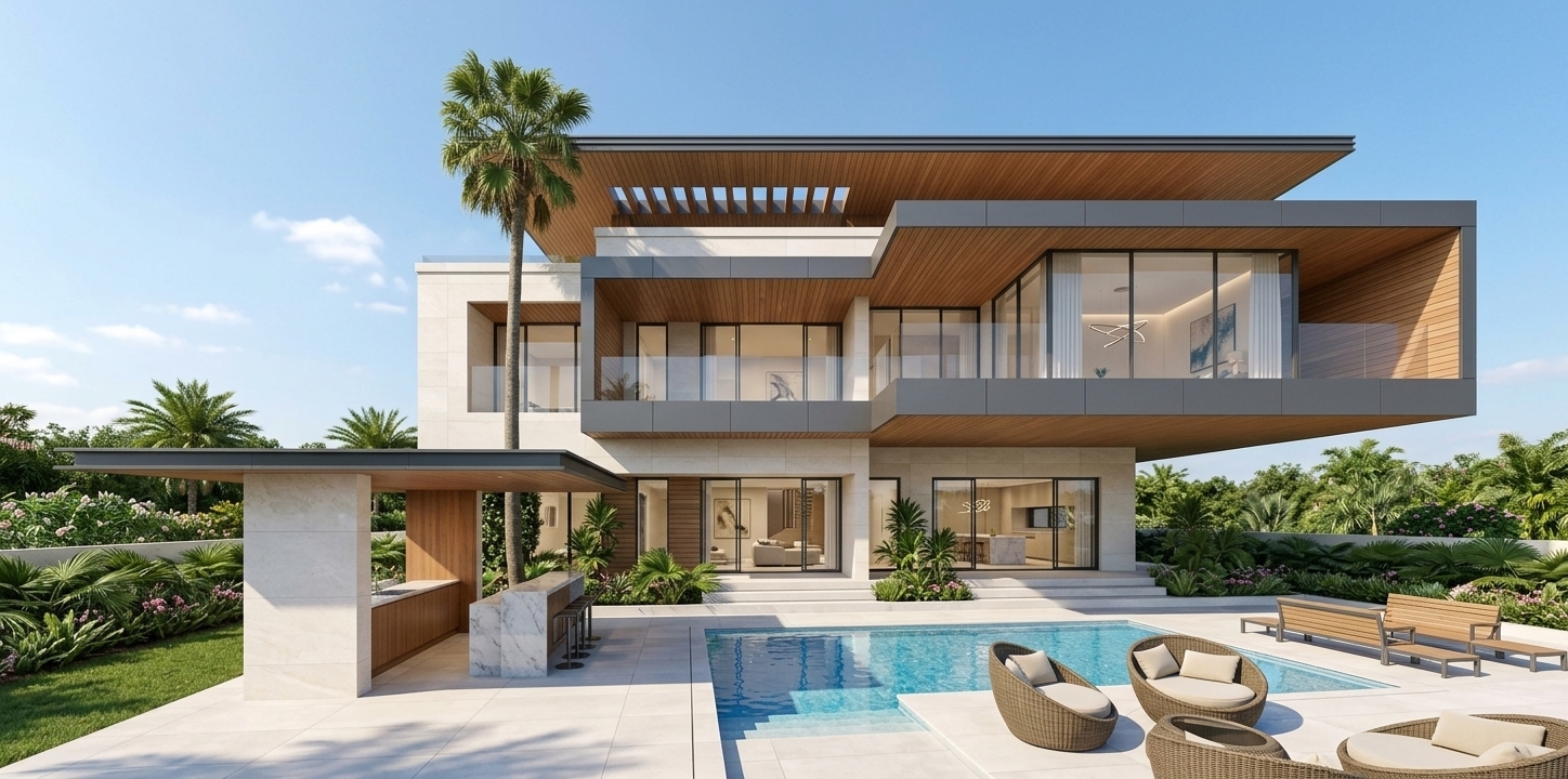 An incredibly lifelike, richly detailed, photorealistic wide-angle architectural exterior shot of a sophisticated modern villa set in a tranquil, sun-drenched summer landscape. The scene is illuminated by brilliant midday summer sunlight that casts crisp, clean-lined shadows across the facade, creating an airy, elegant, and balanced atmosphere. Captured with a professional medium-format camera and a wide tilt-shift architectural lens, emphasizing the rich tactile contrasts between polished pearl-toned stone terrace pavers, refined warm-timber ceiling soffits, and dark gray cantilevered fascia panels. Expansive floor-to-ceiling glass reveals understated, light-filled interior living spaces appointed with curated decor, abstract wall art, and sculptural lighting in soothing shades of warm white, champagne, and soft gray. In the foreground, an immaculate pool reflects the bright sky, seamlessly flanked by tailored upholstered round wicker lounge chairs, slim metal accents along the outdoor bar canopy, sleek wooden sunbeds, and a slender palm tree rising alongside lush manicured tropical greenery to complete this photography-book-worthy portrait of contemporary elegance.