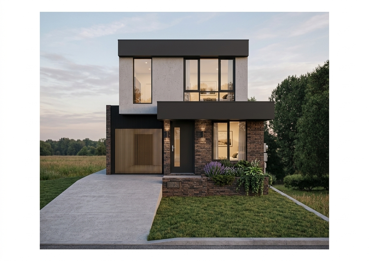 An architectural photograph of the modern two-story house captured during a warm summer sunset, preserving the exact geometry, materials, and eye-level frontal perspective. Low golden-hour sunlight casts long, soft shadows across the textured concrete driveway and natural grass, warming the rough brick facade and smooth matte gray upper volume with rich amber tones. Black window frames hold realistic glass subtly reflecting the evening sky, while the planter box showcases detailed, thriving greenery. Captured with an architectural lens featuring balanced dynamic range, rich warm color temperatures, tactile surface micro-textures, and subtle, natural film grain.