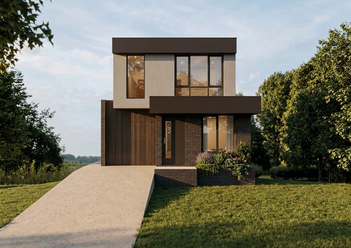 An eye-level architectural photograph capturing the exact modern two-story home during a warm summer sunset, preserving its precise geometry, layout, and composition. Low-angled golden sunlight grazes the textured dark brick facade and smooth grey upper exterior, casting long, soft shadows across the concrete driveway. Window panes show realistic sky reflections and interior warmth, while the surrounding summer trees and natural lawn are illuminated by rich, warm golden-hour light with crisp focus and subtle photographic depth.