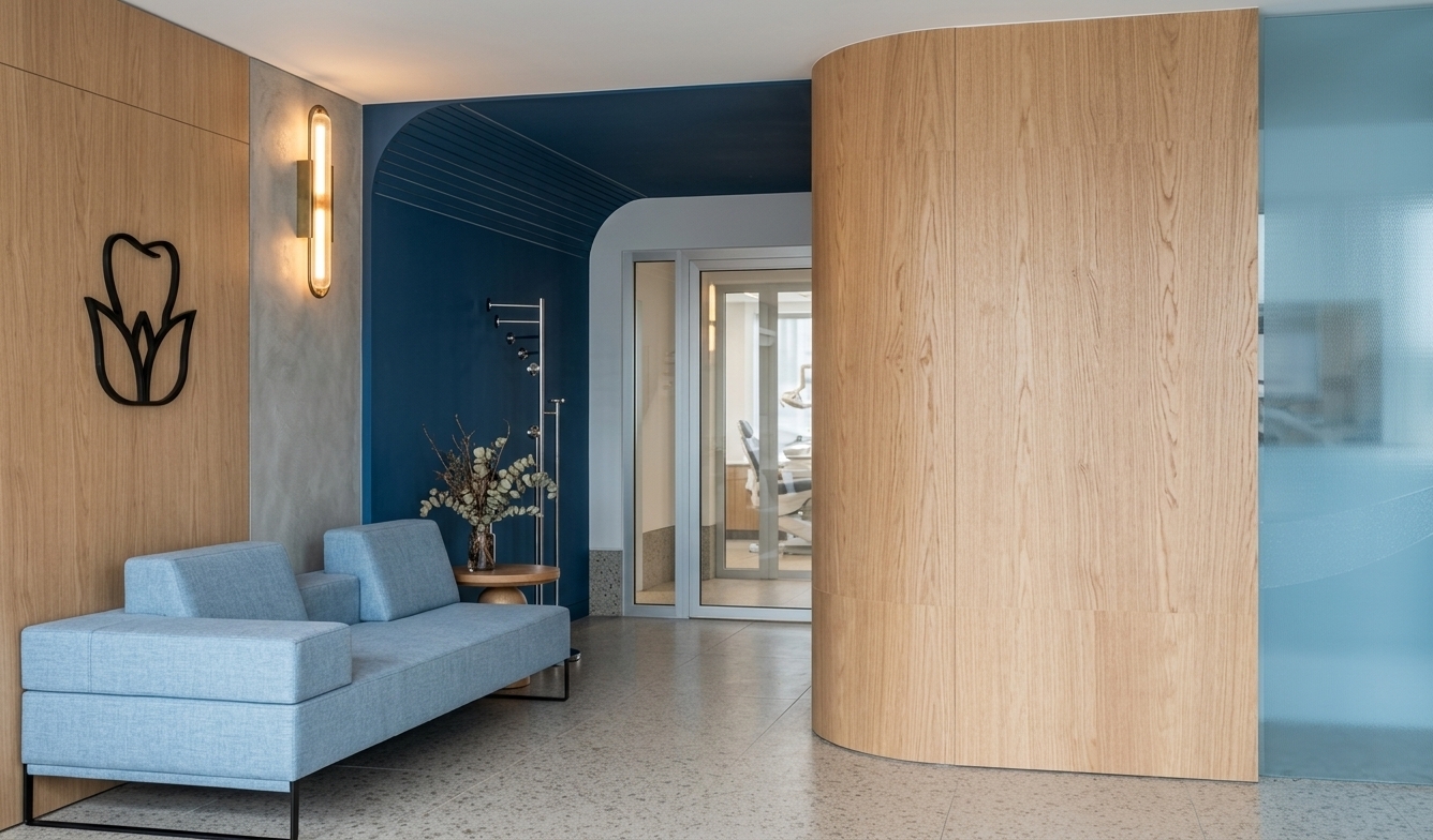 A photorealistic interior photograph of the modern entrance zone, capturing the exact composition and geometry with natural, balanced architectural lighting. Soft, warm illumination emanates from the wall sconce, highlighting the rich grain of the natural oak wood panels and casting gentle reflections onto the adjacent mirror panel behind the light-blue upholstered sofa. The deep blue arched passageway and glass entrance doors sit under diffused daylight, while the matte concrete terrazzo floor displays faint, authentic reflections. Textures are rendered with crisp clarity, from the woven sofa fabric and matte black wall logo to the smooth veneer of the prominent curved partition wall, finished with subtle lens depth and clean tonality.