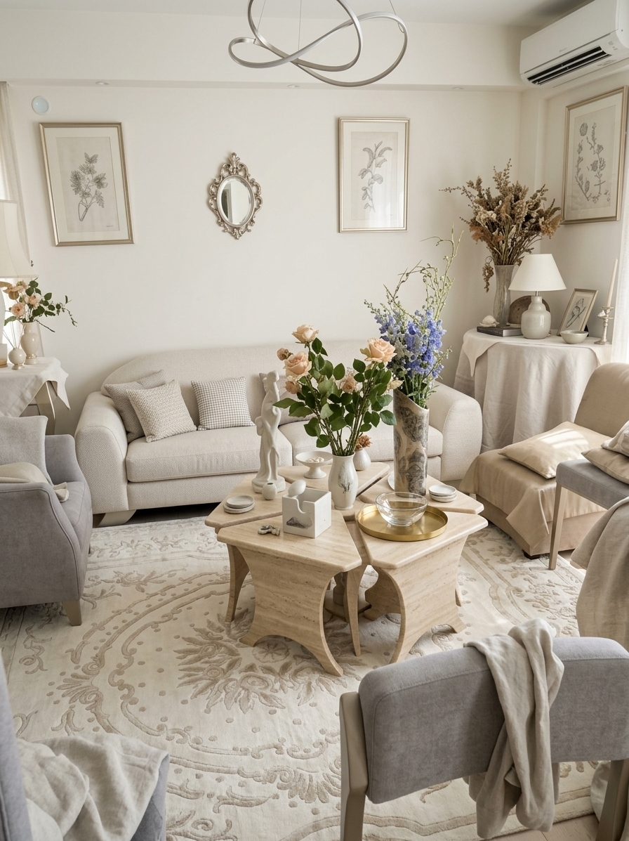 An incredibly lifelike, richly detailed, photorealistic wide-angle interior shot of a reimagined living room radiating contemporary elegance, set in a chic sunlit residence during mid-summer. The scene is illuminated by abundant natural daylight filtering through floor-to-ceiling sheer linen curtains and complemented by understated recessed architectural lights, creating an airy, refined, and tranquil atmosphere. Captured with a full-frame mirrorless camera paired with a 24mm f/2.8 prime lens, emphasizing the tactile weave of tailored upholstery, the subtle veining of polished stone surfaces, and delicate slim champagne-metal accents. 

In this redesigned space, the once-cluttered layout is transformed into a light-filled sanctuary defined by clean lines, sophisticated symmetry, and balanced human scale. A tailored, deep-seated sofa upholstered in pearl-toned textured fabric anchors the seating area, paired with sculptural armchairs in soft gray and champagne hues. In the center, a low-profile honed travertine coffee table displays a curated art photography book, minimalist ceramic objects, and a sleek brushed-brass tray. Overhead, the heavy chandelier is replaced by a striking, minimalist brushed-metal sculptural pendant, while the busy traditional wallpaper and dark-framed art give way to smooth warm-white walls adorned with an oversized, textured monochromatic abstract art piece. Grounded by a plush, understated ivory wool-silk area rug over pale oak floorboards, the room seamlessly blends elevated comfort with timeless, polished luxury.