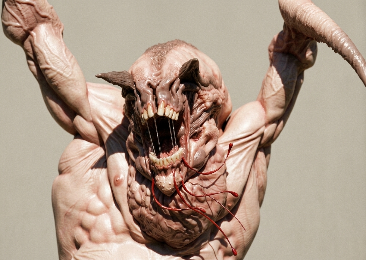 A high-contrast photograph of the sculpted monstrous creature captured under intense, direct midday summer sunlight. The overhead sun casts harsh, crisp shadows beneath the raised muscular arms, brow, and gaping jaw, emphasizing deep skin folds, realistic dermal pores, and bulging veins with fleshy subsurface scattering. The teeth, gaping oral cavity, and thin strings of saliva glisten with wet specular highlights, while the red dangling tendrils show a slick, organic texture. The image features a shallow depth of field shot on an 85mm portrait lens, featuring natural warm color balance, subtle micro-textures, and faint film grain against the neutral background.