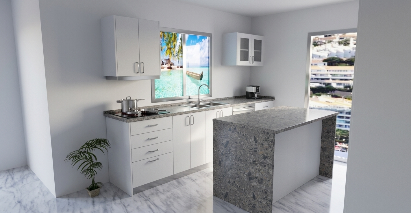Capture this kitchen scene as an architectural interior photograph, strictly preserving the exact geometry, perspective, and materials from the original layout. Render the white cabinetry in a soft, non-reflective matte finish, the countertops and waterfall island with realistic, tactile grey aggregate terrazzo stone, and the floor with polished white marble veining. Bright, natural daylight pours in through the window and open doorway, casting gentle directional light, soft contact shadows, and realistic ambient occlusion. Polished chrome fixtures, the glass cooktop, and stainless steel cookware exhibit accurate physical reflections, completing a clean, true-to-life interior shot with natural depth and balance.