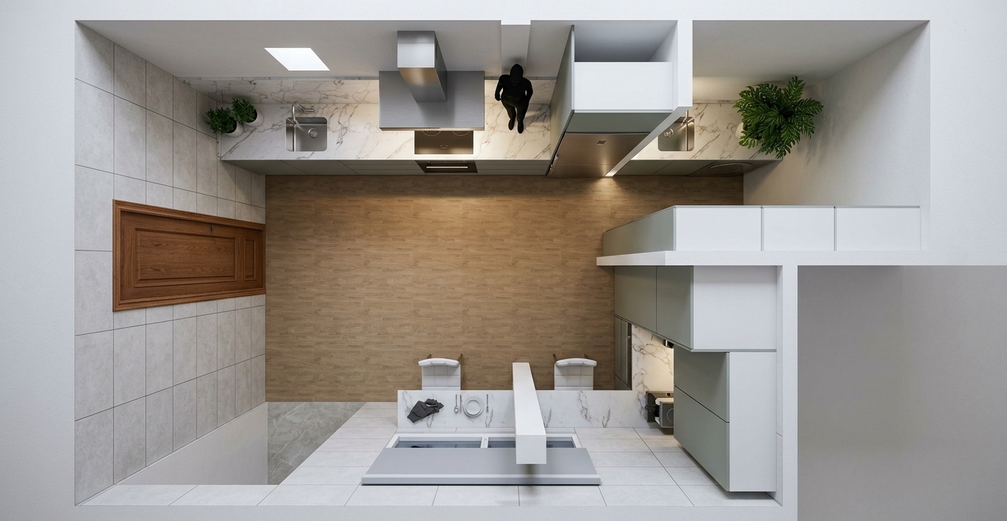 A crisp architectural top-down photograph capturing the exact cutaway layout and geometry of the modern kitchen space under soft, diffuse interior lighting. The scene features authentic physical materials, including realistic veining across the marble countertops, subtle brushed metallic sheen on the stainless steel range hood and sink, natural wood grain on the central floor, and tactile ceramic tile textures. Natural contact shadows define the furniture and cabinetry edges, while clean color accuracy and sharp edge-to-edge focus realistically preserve all original dimensions, fixtures, and finishes.