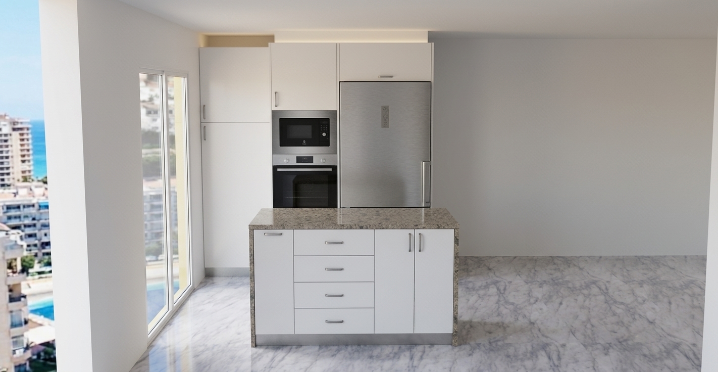 A crisp architectural photograph capturing the scene with natural daylight streaming through the left glass door, illuminating the realistic textures and materials. The cabinetry features a clean satin-white finish with brushed metal hardware, while the kitchen island showcases a detailed, tactile speckled stone countertop. Realistic diffuse reflections and subtle veining define the polished marble floor, complemented by accurate brushed stainless steel on the integrated appliances. Balanced daylight exposure, natural ambient occlusion, and sharp architectural lens focus render all existing surfaces with authentic micro-textures and physical depth.