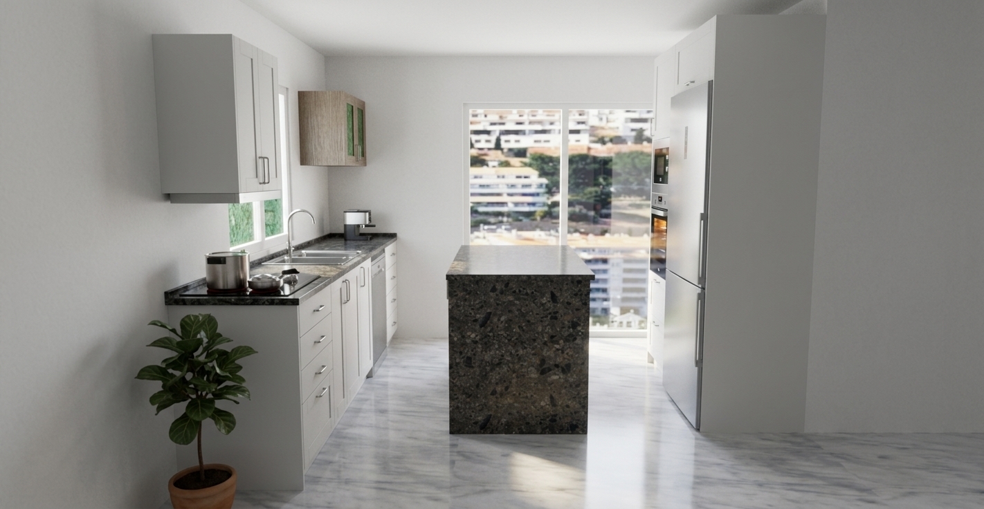 A bright, clean architectural photograph capturing the exact kitchen layout, illuminated by crisp natural daylight streaming through the large background window. The scene retains all precise geometry, showcasing realistic smooth matte white cabinetry, authentic brushed stainless steel on the refrigerator and fixtures, and sharply defined dark speckled stone on the central island and countertops with tangible tactile micro-textures. Soft sunlight illuminates the light marble flooring, casting gentle ambient contact shadows, while the outdoor hillside view through the window remains sharp, balanced, and naturally exposed.