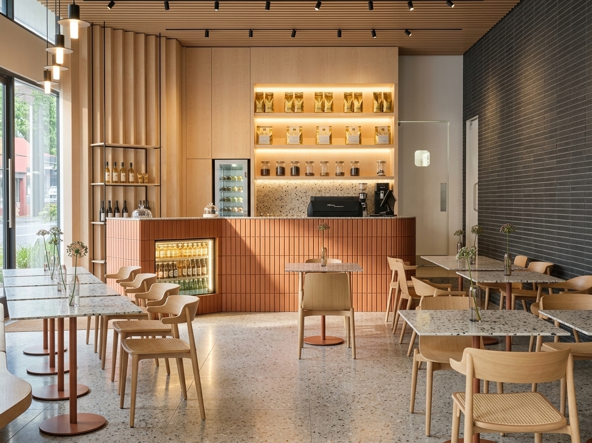An incredibly lifelike, richly detailed, photorealistic wide-angle interior shot of a modern restaurant's bar and back bar set in an elegant, sunlit dining space. The scene is illuminated by crisp summer midday light cascading through expansive exterior windows, seamlessly blending with warm, integrated LED cove lighting and precision ceiling spotlights to create a bright, inviting, and serene atmosphere. Captured with a professional 35mm architectural lens, emphasizing the tactile vertical fluting of the curved counter, the smooth blonde wood grain, and the speckled aggregate of the polished terrazzo flooring. The central service station commands attention with a gently curving counter finished in warm terracotta-toned vertical slats that softly diffuse the midday glow beneath a sleek countertop. Behind the bar, floor-to-ceiling pale birch millwork frames a brightly illuminated back bar niche featuring warm backlit shelving displaying meticulously arranged, golden-packaged gourmet goods above a subtle vertically stacked tile backsplash, an integrated matte-black espresso machine, and a modern point-of-sale terminal. A seamlessly integrated, glass-fronted undercounter chiller glows from the left, illuminating rows of chilled beverages, while overhead, an acoustic slatted timber ceiling with minimalist black track lights provides rhythmic alignment between the warm timber joinery and the contrasting charcoal-textured wall to the right.