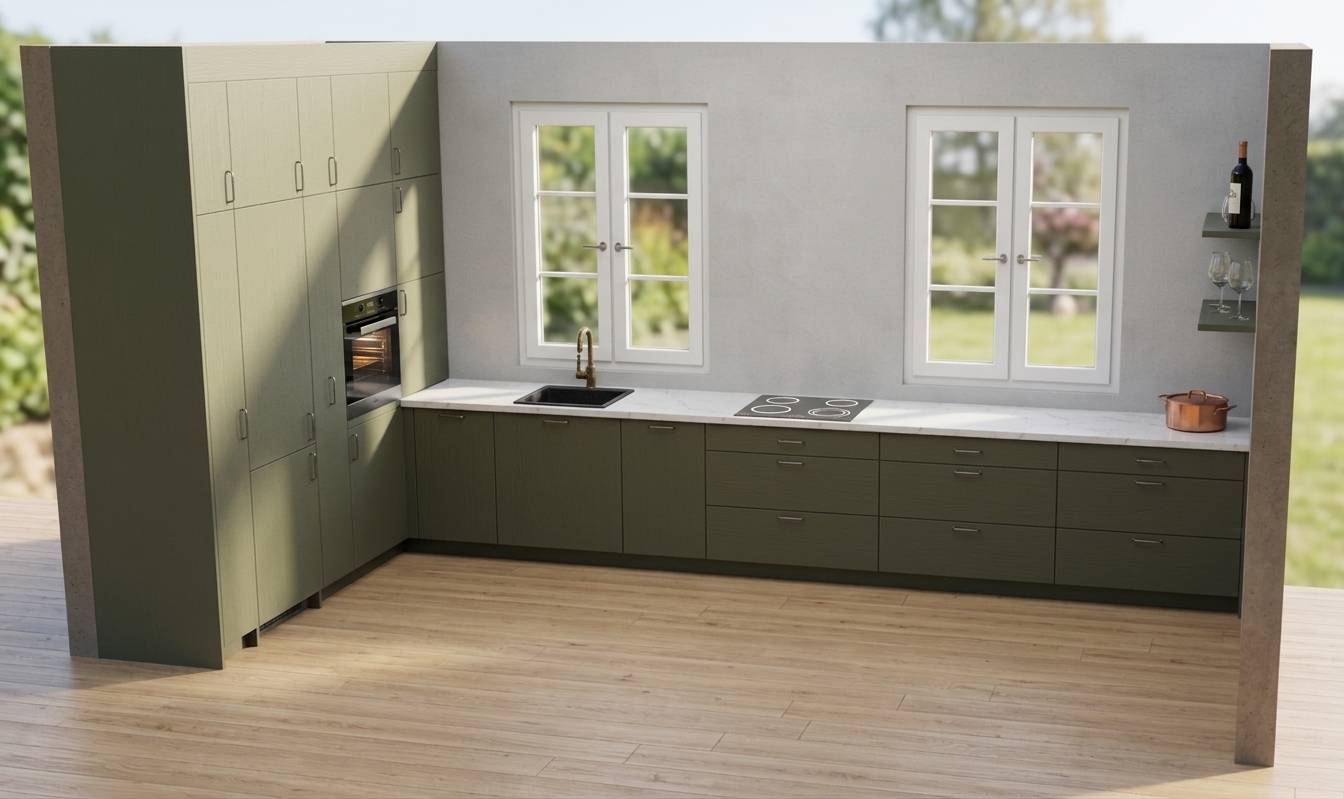 An architectural photograph of the kitchen bathed in bright midday summer sunlight pouring through the two white casement windows. Hard natural light casts sharp, defined shadows across the white countertop and matte sage-green cabinetry. Realistic surface textures emerge with subtle sheen on the black induction cooktop, matte metal handles, and textured wall plaster, captured with balanced dynamic range, clear optics, and authentic daytime warmth while precisely preserving the geometry and camera angle.