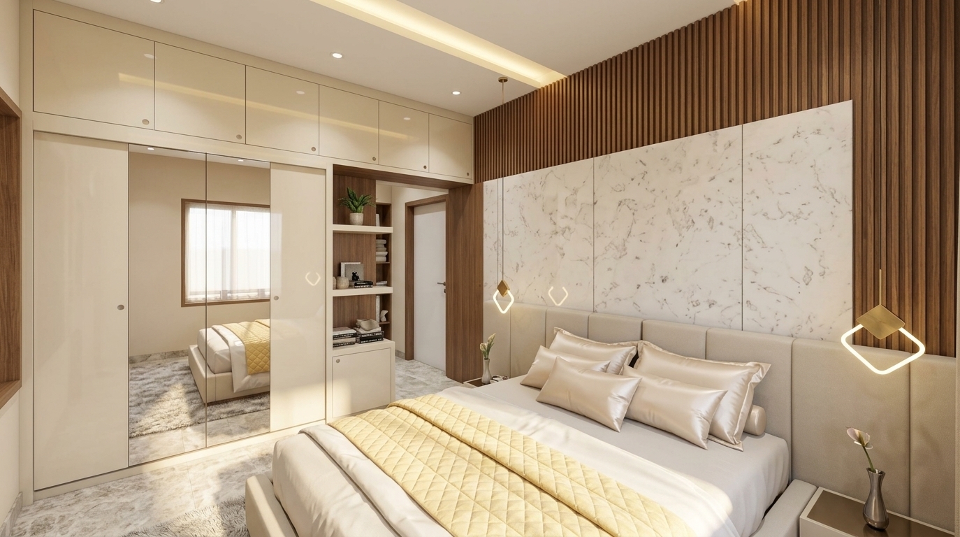 An incredibly lifelike, richly detailed, photorealistic wide-angle interior shot of a serene master bedroom set in a luxury contemporary residence. The scene is illuminated by gentle, radiant sunlight cascading across the room alongside soft, recessed architectural ceiling lighting, creating a warm, airy, and sophisticated atmosphere. Captured with a full-frame camera and a 24mm tilt-shift architectural lens, emphasizing tactile material textures, seamless joinery, and delicate reflections. The centerpiece is a tailored, upholstered platform bed adorned in refined warm-white, pearl, and pale champagne linens with a textured butter-yellow quilted runner and plush accent pillows. Behind the bed, a striking feature wall balances the rhythmic warmth of vertical fluted wood slats with expansive polished marble slabs, beautifully framed by hanging geometric sculptural pendant lights. Across from the bed, a sleek, floor-to-ceiling wardrobe system combines high-gloss panels and full-height mirrored sliding doors that visually double the light and space, while an integrated open shelf thoughtfully displays curated photography books and understated decorative accents, perfectly embodying a balanced and elegant modern sanctuary.
