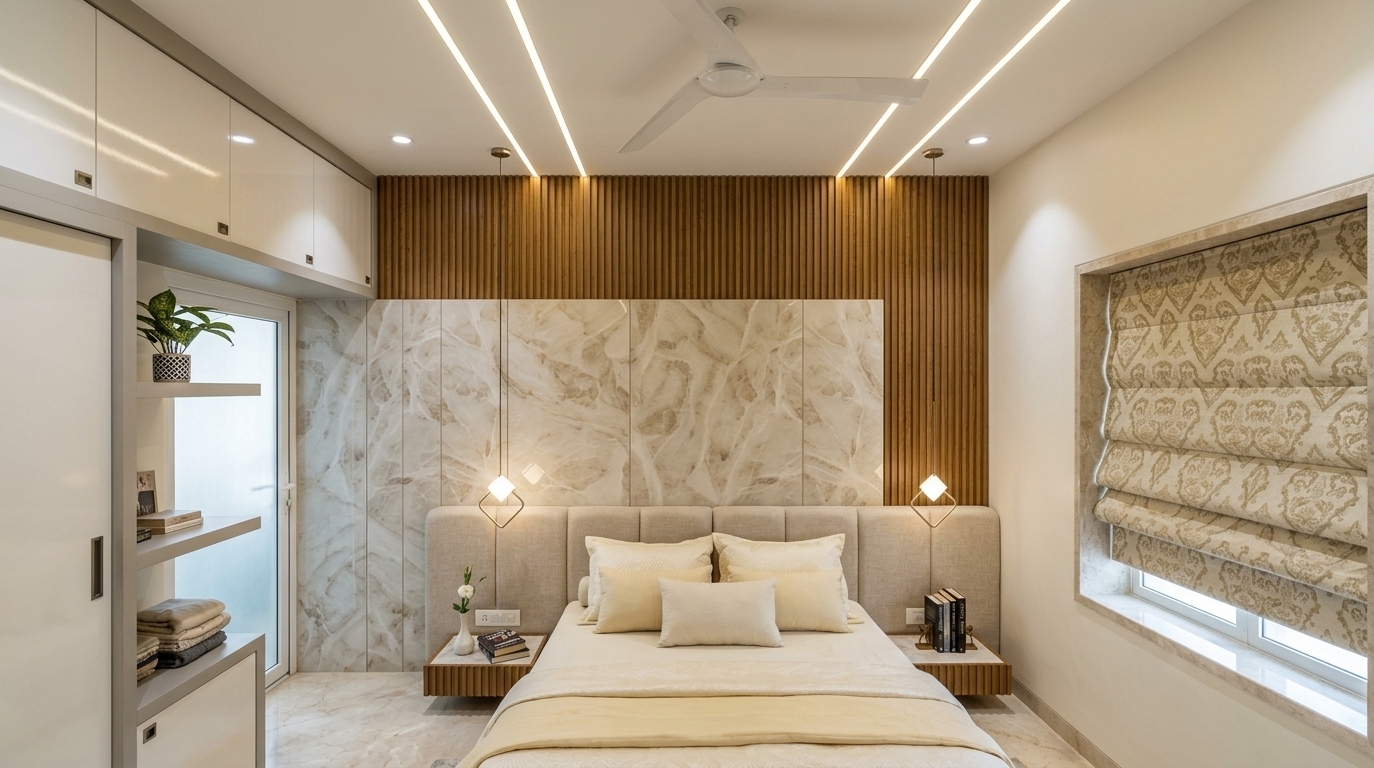An incredibly lifelike, richly detailed, photorealistic wide-angle interior shot of a master bedroom designed with contemporary elegance set in a luxurious modern residence. The scene is illuminated by gentle daylight softly filtering through a fabric Roman-blinded window combined with warm, integrated linear ceiling lights and ambient recessed fixtures, creating an airy, sophisticated, and calming atmosphere. Captured with a professional 24mm tilt-shift architectural lens, emphasizing the tactile textures of the fluted timber paneling, polished champagne-veined stone accent wall, and tailored upholstery. 

The composition centers on a low-profile, padded headboard neatly adorned with cream and soft-yellow linens, flanked by floating bedside tables featuring curated photography books and minimalist sculptural diamond pendant lights. Sleek built-in cabinetry in warm white and pearl finishes, paired with soft gray structural display shelves and polished marble floor tiles, completes this balanced, light-filled sanctuary of understated elegance.