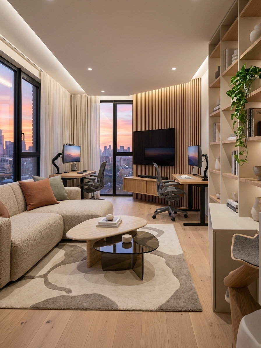 An incredibly lifelike, richly detailed, photorealistic wide-angle interior photograph of a reimagined modern living room set in a sophisticated, minimalist urban apartment. The scene is illuminated by soft architectural cove lighting and warm, diffused under-cabinet LED strips paired with the breathtaking ambient glow of a dramatic rose-gold sunset streaming through expansive panoramic windows, creating a tranquil, ultra-cozy, and effortlessly sleek atmosphere. Captured with a full-frame camera and a 24mm f/2.8 architectural lens, emphasizing tactile natural wood grains, plush bouclé fabrics, matte acoustic paneling, and immaculate cable-free surfaces.

### Spatial Layout & Wall Compositions

**The Media & Productivity Wall:**  
The primary focal wall transforms into an impeccably organized, symmetrical media hub and dual-office haven. Stretching across the wall is a backdrop of vertical natural white oak acoustic slats set against a matte charcoal backing. 
- **Central Entertainment Zone:** Floating directly in the center is a slim, frameless 65-inch OLED TV flush-mounted to the wood slats. Below it hangs a streamlined, floating media console with handleless drop-down fluted doors, concealing all gaming consoles, soundbars, and power units for a completely wire-free presentation.
- **Flanking Dual Workstations:** Seamlessly extending from the central console to the left and right are two mirror-matched executive workstations. Each workstation boasts an ultra-sleek, floating oak desk surface equipped with a curved ultrawide minimalist monitor on an articulated matte black arm, an ultra-thin mechanical keyboard, a wireless mouse on a leather desk pad, and an understated designer ergonomic task chair upholstered in breathable slate-grey mesh. Recessed LED channels beneath the upper floating shelving cast a focused, glare-free warm light over each workspace.

**The Library & Lounge Wall:**  
Facing the media zone, the opposite wall is dedicated to relaxation, culture, and restorative comfort:
- **Built-In Bookcases:** Custom, floor-to-ceiling modular open shelving in warm off-white and pale oak flanks either side of a generous central recess. The shelves are meticulously styled with curated art and design books, delicate ceramic vessels, sculptural bookends, and cascading potted plants like devil's ivy and string of pearls.
- **Central Sofa Nook:** Nestled perfectly between the symmetrical bookshelves sits a deep, low-profile modular sofa upholstered in a warm oatmeal bouclé fabric. Generously layered with linen throw pillows in terracotta and muted sage, the sofa offers a plush, cloud-like retreat. A tailored, sculptural cat perch in matching wood and wool integrates seamlessly into one of the lower library niches.

### Flooring, Textures, and Decor
- **Flooring:** Wide-plank Scandinavian light oak hardwood floors run unbroken across the room, overlaid with a large, hand-tufted wool-and-silk area rug featuring an understated, organic abstract motif in cream and warm stone grey.
- **Center Coffee Table:** In front of the sofa rests a pair of nested, organic pebble-shaped coffee tables in matte travertine and smoked glass, balancing the clean, geometric lines of the custom cabinetry.

### Lighting & Window Integration
Replacing the bare hanging bulb is a meticulously planned, layered lighting system. The ceiling features recessed architectural spotlights, hidden LED perimeter coves that wash the walls in a soft 2700K ambient warmth, and subtle under-shelf downlights. 

The large window wall is refitted with sleek, floor-to-ceiling triple-glazed black aluminum frames. Sheer, floor-length off-white linen drapes hang from a concealed ceiling track, framing an awe-inspiring view of the twilight city skyline bathed in vibrant sunset hues of peach, coral, and violet. The resulting space is a harmonious blend of high-tech capability and serene residential minimalism—a true modern sanctuary designed for both focused work and shared relaxation.