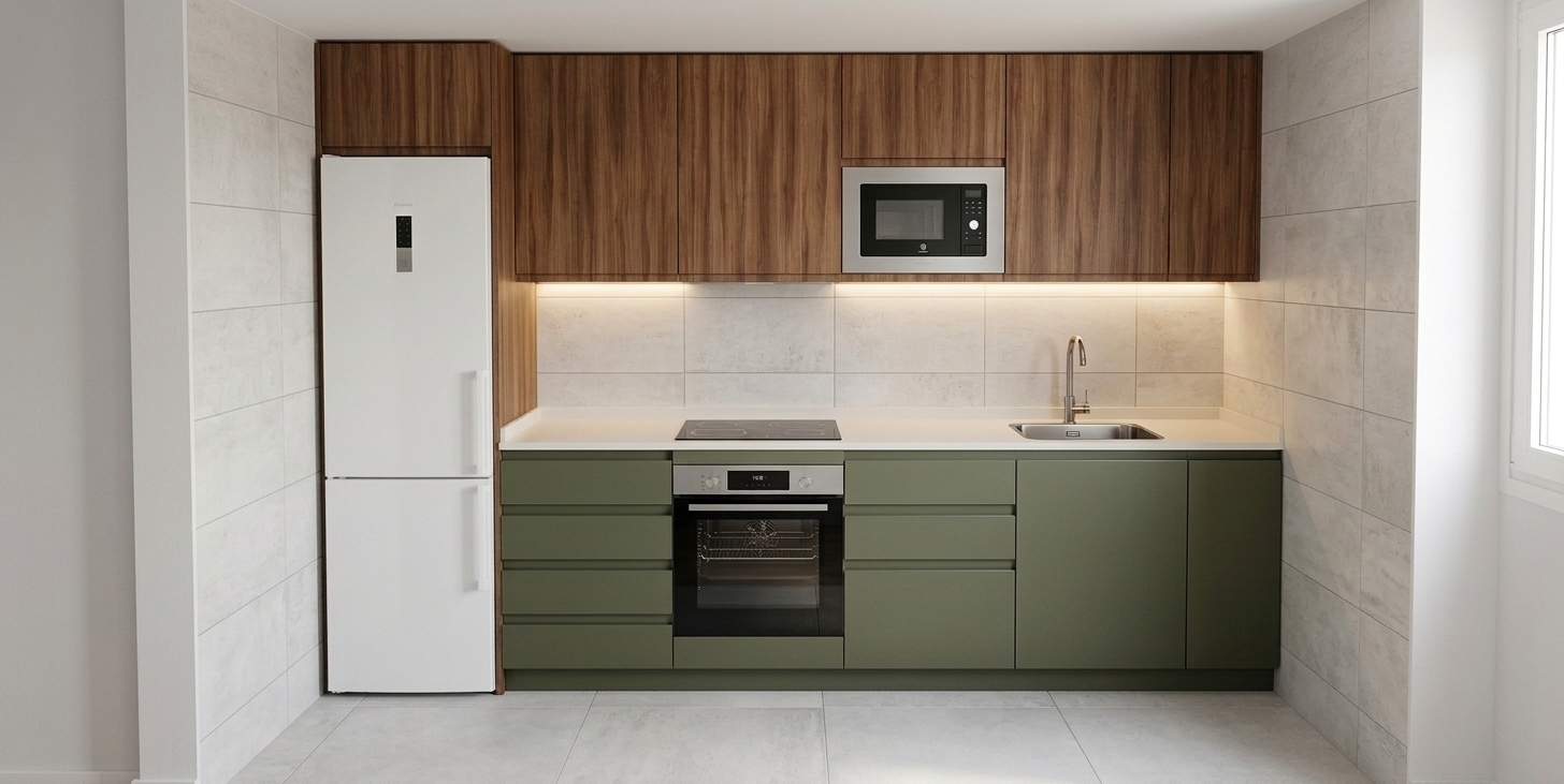 A crisp eye-level architectural photograph capturing the exact modern kitchen layout, shot with a 35mm lens under soft, diffused natural daylight from the right mixed with warm 3000K under-cabinet task lighting. The shot emphasizes tactile micro-textures: authentic vertical wood grain with a gentle satin sheen on the upper cabinets, smooth ultra-matte finishes on the olive-green lower cabinetry, realistic brushed steel reflections on the appliances, and subtle grout seams along the light-gray stone tiles. Gentle ambient falloff, faint micro-smudges, and natural depth of field provide realistic photographic nuance while strictly preserving all original geometries, materials, and placement.