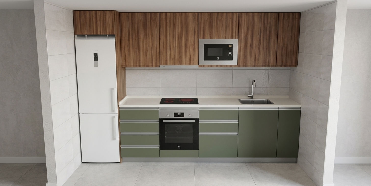 A crisp architectural photograph of this kitchen setup, maintaining the exact straight-on framing, geometry, and materials. Render the upper cabinets with rich, realistic vertical natural wood grain and subtle satin sheen, while the lower cabinets exhibit a smooth matte olive-green finish with brushed aluminum recessed profile handles. The countertop is a seamless off-white solid surface with realistic contact shadows around the stainless steel sink, chrome faucet, and glossy black induction cooktop. Accentuate the brushed stainless steel textures of the microwave and built-in oven, paired with a clean white refrigerator showing faint specular highlights. Light the room with soft, diffused neutral-temperature overhead interior lighting, casting delicate ambient occlusions into the seams and recesses, and highlight the gloss of the ceramic wall tiles and matte floor tiles with subtle grout texture, captured on a professional tilt-shift lens with natural micro-contrast and fine detail.