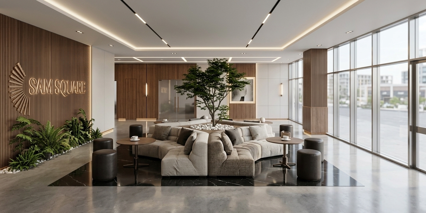 An incredibly lifelike, richly detailed, photorealistic wide-angle interior shot of a sophisticated executive lounge and contemporary atrium lobby set in an upscale modern development. The scene is illuminated by abundant, soft daylight pouring through floor-to-ceiling glass curtain walls and refined recessed linear LED ceiling channels, creating an airy, peaceful, and prestigious atmosphere. Captured with a professional full-frame camera and a 24mm tilt-shift lens, emphasizing polished stone surfaces, warm fluted walnut paneling, and the rich textures of tailored furnishings. 

A palette of warm white, champagne, pearl, and soft gray creates an understated, balanced elegance throughout the space. At the center, a sculptural indoor tree rises gracefully from a bed of smooth white river pebbles, framed by tailored modular sectional seating upholstered in textured neutral fabrics with plush accent pillows. Dark leather cylindrical poufs and slim-profile circular tables complete the conversation area, resting upon a high-gloss black marble inlay that mirrors the soft architectural lighting above. To the left, a vertical wood-slat feature wall showcases an intricately illuminated "SAM SQUARE" logo above an integrated planter brimming with lush botanical foliage, seamlessly blending biophilic design with contemporary luxury.