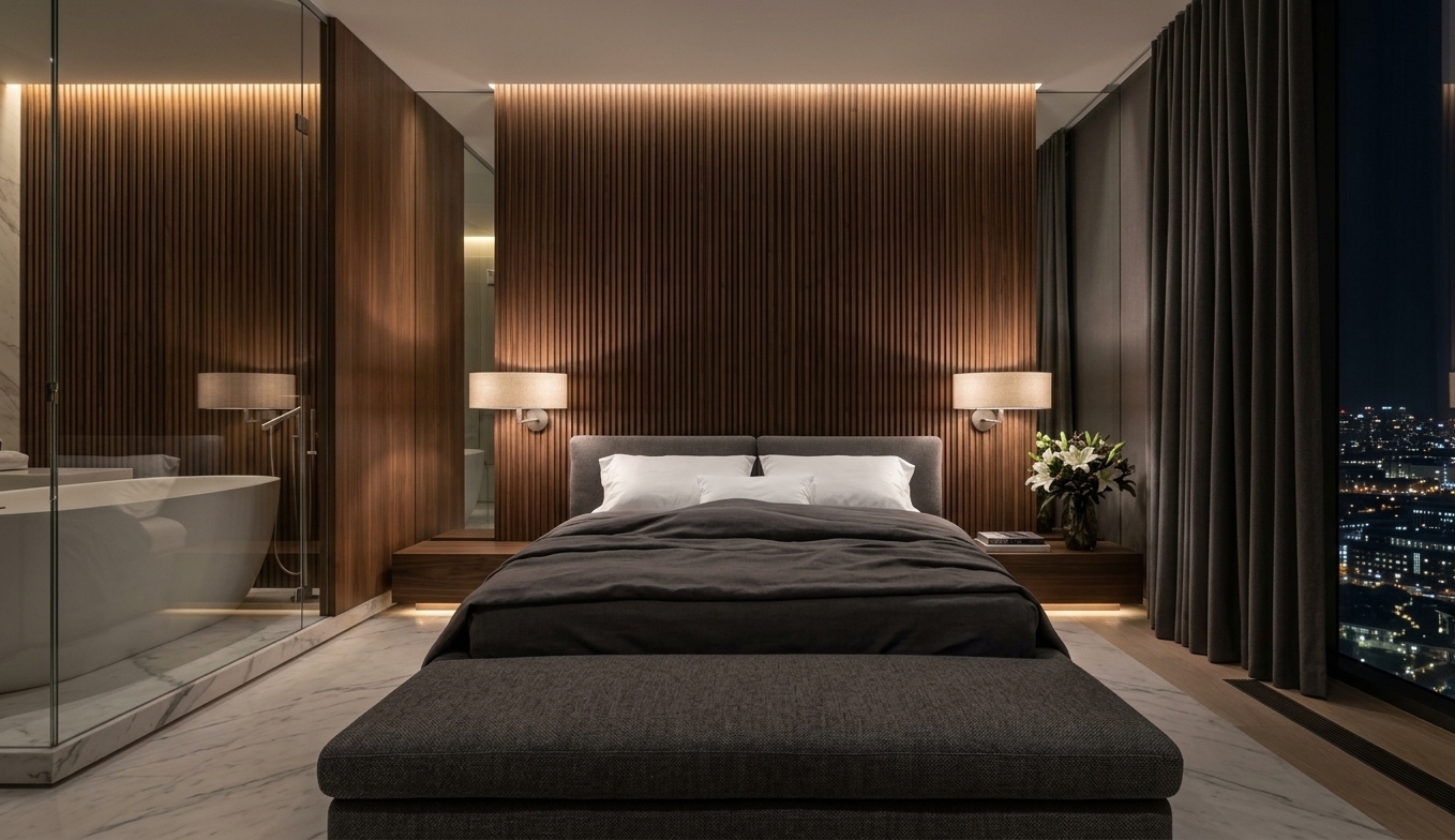 An incredibly lifelike, richly detailed, photorealistic wide-angle interior shot of a minimalist haven bedroom suite set in a luxury high-rise penthouse at night. The scene is illuminated by warm, concealed cove lighting accentuating the vertical fluted headboard wall and soft ambient sconces flanking the bed, creating a serene, zen-inspired, and deeply relaxing atmosphere. Captured with a full-frame camera and a 24mm tilt-shift architectural lens, emphasizing the refined tactile textures of the plush gray linens, the ribbed timber wall paneling, and the seamless reflections on the glass-encased bathroom enclosure. Designed with a streamlined, uncluttered aesthetic in a sophisticated monochromatic palette of charcoal, warm grays, and crisp whites, the space features low-profile sleek wooden and metal furniture, an upholstered footstool bench, a neatly displayed photography book, and subtle floral decor beside floor-to-ceiling windows that open up to panoramic city views.