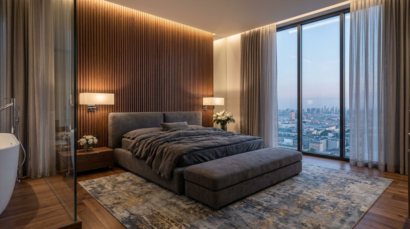 An incredibly lifelike, richly detailed, photorealistic wide-angle interior shot of a sophisticated master bedroom set in an upscale urban high-rise penthouse. The scene is illuminated by warm, concealed ceiling cove lighting that gracefully washes down a vertical fluted-panel feature wall, complemented by modern low-profile sconces and soft ambient twilight filtering through floor-to-ceiling panoramic windows, creating a serene, intimate, and Zen-inspired atmosphere. Captured with a professional 24mm tilt-shift lens, emphasizing the plush textures of the upholstered platform bed, the relaxed draping of charcoal-gray linens, and the painterly, distressed patina of the abstract area rug anchoring the hardwood floor. Embracing an uncluttered, modern minimalist aesthetic, the room features streamlined floating nightstands, sheer floor-length drapery framing the city skyline, subtle white floral decor, and a seamless glass partition offering a discreet glimpse into the adjoining luxury ensuite.