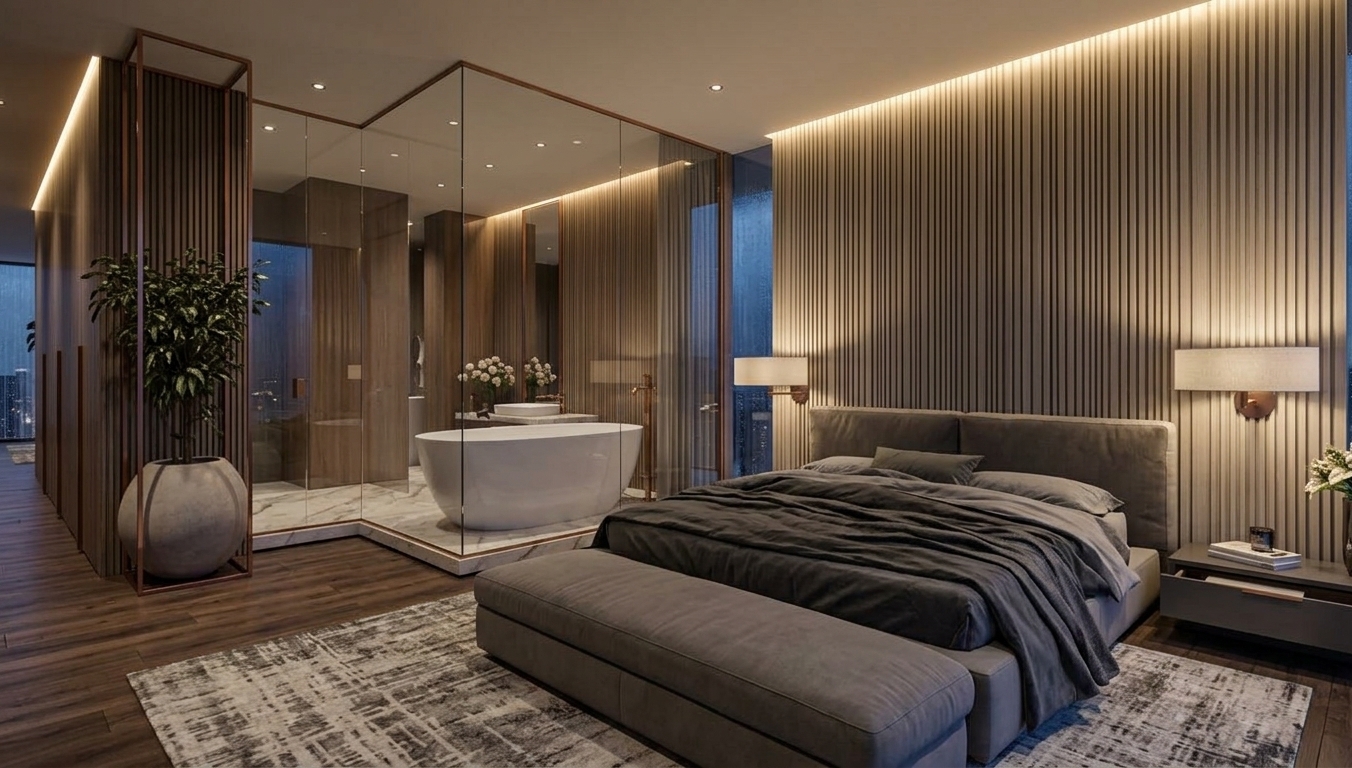 An incredibly lifelike, richly detailed, photorealistic wide-angle interior shot of a luxurious master bedroom suite with an integrated open-concept bathroom set in a high-end contemporary residence at night. The scene is illuminated by concealed warm ceiling cove lighting that cascades down vertical fluted acoustic wall panels, paired with gentle designer wall sconces and recessed spotlights, creating a serene, sophisticated, and tranquil atmosphere. Captured with a professional full-frame camera and a 24mm tilt-shift architectural lens, emphasizing tactile ribbed textures, smooth matte finishes, and the crystalline reflections of the glass enclosure. At the center sits a low-profile upholstered platform bed dressed in layered charcoal and muted gray linens, accompanied by a matching cushioned bench resting on a distressed abstract area rug. Behind floor-to-ceiling transparent glass walls, a sculptural freestanding soaking tub is seamlessly integrated on a raised marble plinth, while a slender copper-framed indoor planter and sleek floating nightstands complete this impeccably styled, zen-inspired minimalist haven.