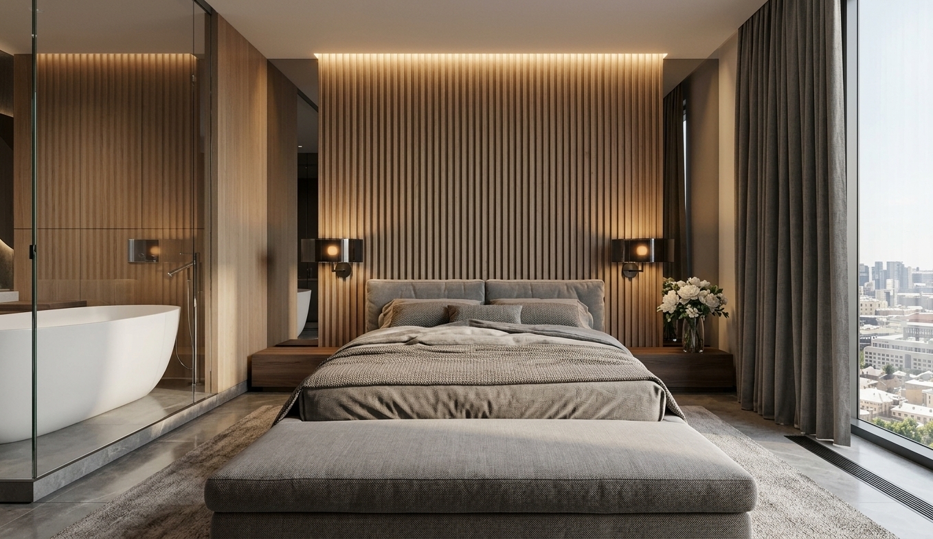 An incredibly lifelike, richly detailed, photorealistic straight-on interior shot of a minimalist master bedroom haven set within a luxury high-rise penthouse overlooking a quiet metropolitan skyline. The scene is illuminated by soft, concealed ceiling cove lighting that washes gently down a vertical fluted accent wall, paired with the warm, diffused glow of sleek cylindrical wall sconces, creating a serene, Zen-inspired, and deeply intimate atmosphere. Captured with a 35mm architectural lens, emphasizing tactile woven gray linens, rich upholstered textures on the bed and matching bench, smooth matte wood surfaces, and ultra-clear glass reflections. The streamlined, clutter-free space highlights functional elegance through low-profile floating nightstands holding a delicate glass vase with fresh white blossoms, while an expansive floor-to-ceiling glass wall on the left seamlessly integrates an en-suite bathroom with a freestanding sculptural soaking tub. Delicate, floor-length drapery frames panoramic corner windows, balancing the cool monochromatic gray and taupe palette with soft evening light and subtle urban depth.