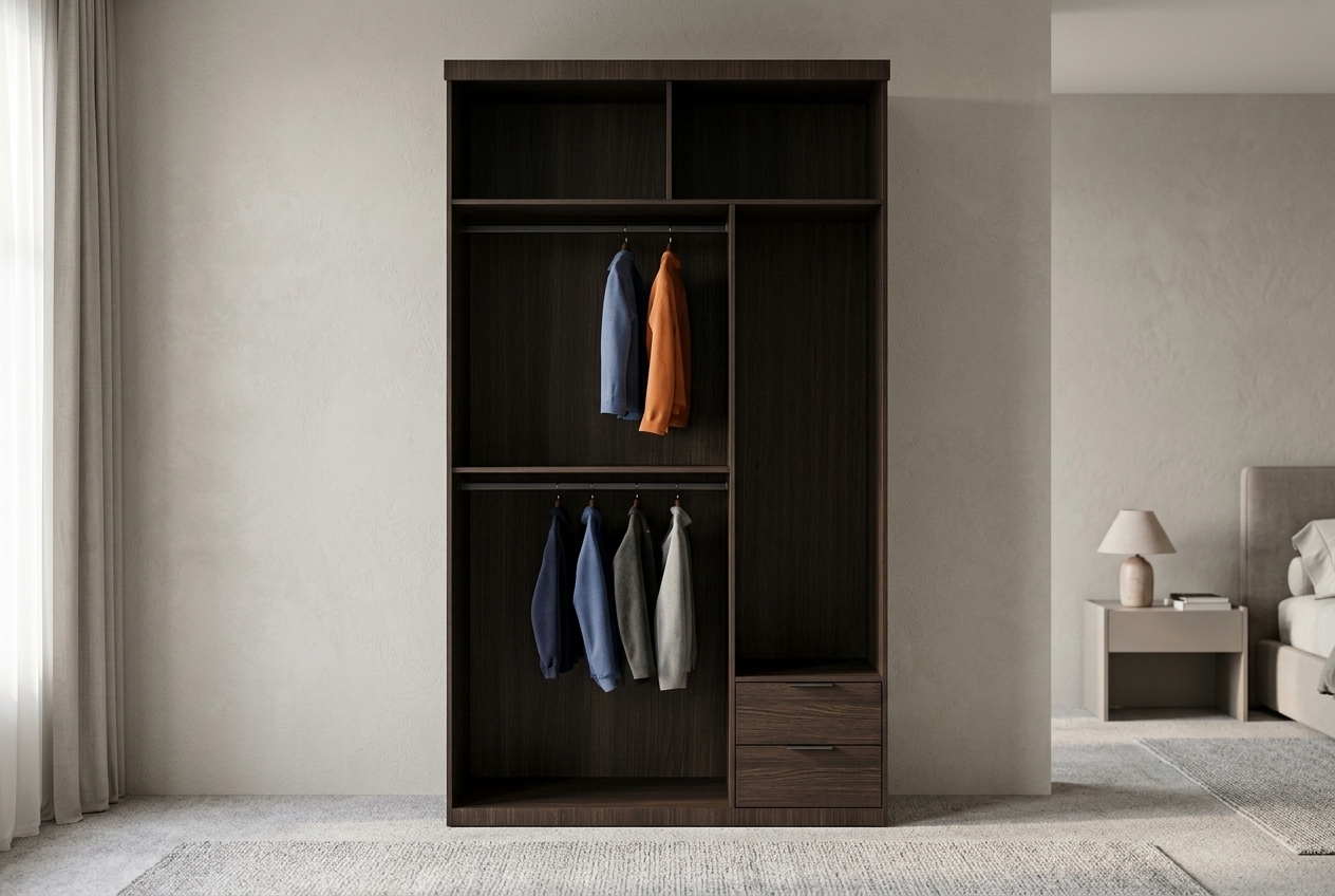 Create a realistic interior render of the wardrobe from the image placed against the wall in a modern bedroom. Preserve the exact layout and proportions: open compartments with clothes hanging on rails, top open cubbies, and two drawers at the bottom right. Change the wood material to a dark wenge wood finish with visible grain texture. Set the wardrobe in a stylish bedroom interior with soft natural lighting and realistic textures.