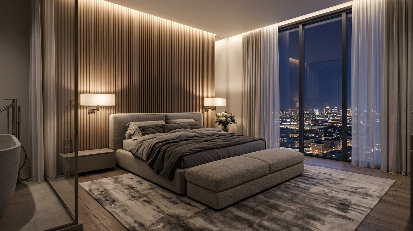 An incredibly lifelike, richly detailed, photorealistic wide-angle interior shot of an elegant master bedroom set in a luxury high-rise penthouse. The scene is illuminated by warm, concealed ceiling cove lighting gracefully cascading down a textured fluted accent wall, complemented by soft glowing wall sconces and the subtle ambient radiance of a distant city skyline at night, creating a serene and intimately calm atmosphere. Captured with a professional 24mm tilt-shift lens, emphasizing the tactile interplay between the vertically slatted wood backdrop, the rumpled charcoal and dove-gray bed linens, and an abstract painterly rug beneath a plush upholstered bench. Floor-to-ceiling windows flanked by sheer drapery open to expansive urban night views, seamlessly harmonizing with the clutter-free, Zen-inspired minimalism and refined monochromatic palette of the space.