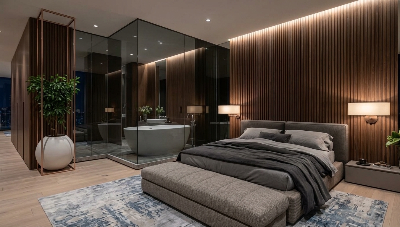 An incredibly lifelike, richly detailed, photorealistic wide-angle interior shot of a minimalist master bedroom suite set in a luxury contemporary residence at night. The scene is illuminated by soft, indirect LED cove lighting washing down the vertical fluted accent wall, paired with the warm, diffused glow of modern cylindrical wall sconces and gentle recessed ceiling spotlights, creating a serene, moody, and zen-inspired atmosphere. Captured with a professional full-frame architectural camera and a 24mm tilt-shift lens, emphasizing the tactile textures of the fluted wooden paneling, plush charcoal-and-dove-gray linens, and the transparent reflections across the glass-enclosed bathroom. 

At the center, an elegant low-profile upholstered bed with a plush padded bench at its foot rests on an abstract, painterly distressed area rug over pale hardwood floors. Adjacent to the sleeping sanctuary, a streamlined en-suite bathroom is seamlessly integrated behind floor-to-ceiling smoked glass partitions, showcasing a sculptural, smooth matte-white freestanding soaking tub on polished stone. A slender rose-gold metal open-frame pedestal cradles a spherical white planter with lush green indoor foliage to the left, adding a subtle touch of organic warmth to this impeccably clean, monochromatic, and uncluttered modern haven.