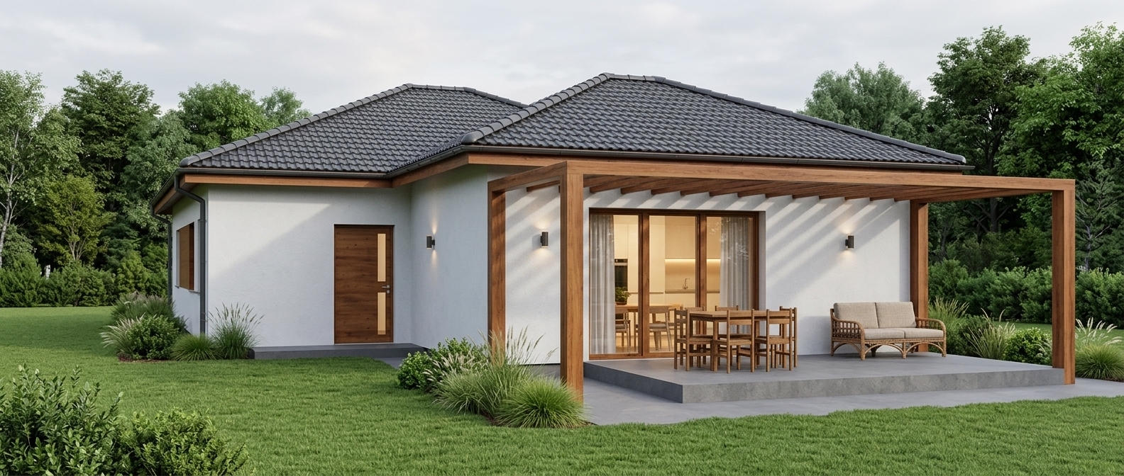 Convert this 3D model into a photorealistic architectural render, preserving the exact building geometry, perspective, and layout. Render the exterior walls with lightly textured white plaster, timber pergola, and warm wood accents. Replace the roof with realistic anthracite tiles and the base terrace with a smooth concrete patio with realistic furniture. Add a manicured lawn with ornamental grasses, green shrubs, and background trees under a soft overcast sky. Illuminate the house with warm interior lighting and modern exterior wall sconces.