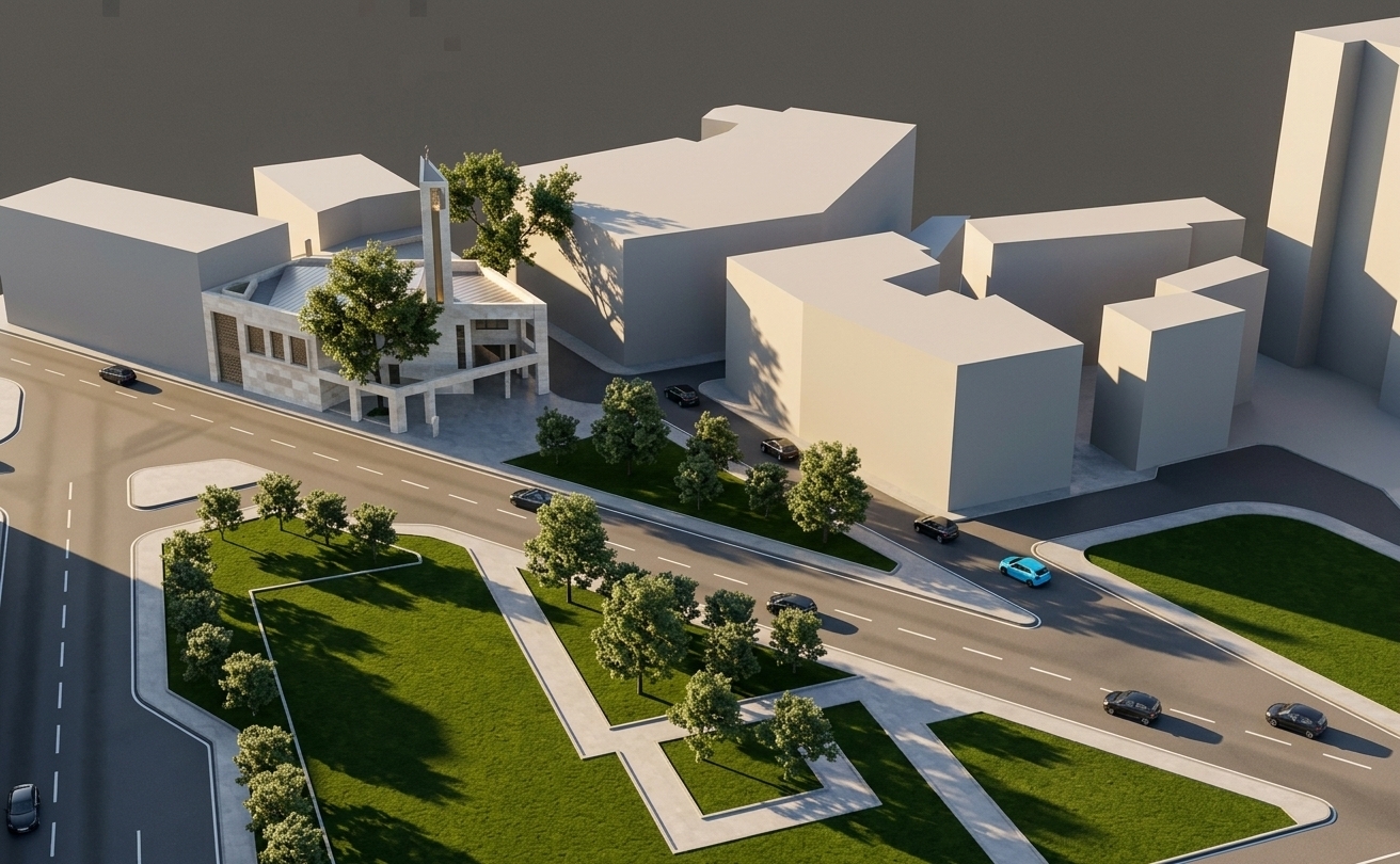 An incredibly lifelike, richly detailed, photorealistic high-angle aerial architectural shot of a contemporary mosque complex and urban plaza set in an elegant, minimalist city environment. The scene is illuminated by crisp, warm late-afternoon sunlight casting long, dramatic geometric shadows across the roads and plazas, creating a sophisticated and balanced atmosphere. Captured with a professional drone-mounted camera using a sharp wide-angle architectural lens, emphasizing smooth asphalt textures, manicured lawn islands dotted with lush green trees, and polished stone facades rendered in an understated palette of warm white, pearl, champagne, and soft gray alongside clean-lined volumetric buildings and minimalist vehicular traffic.