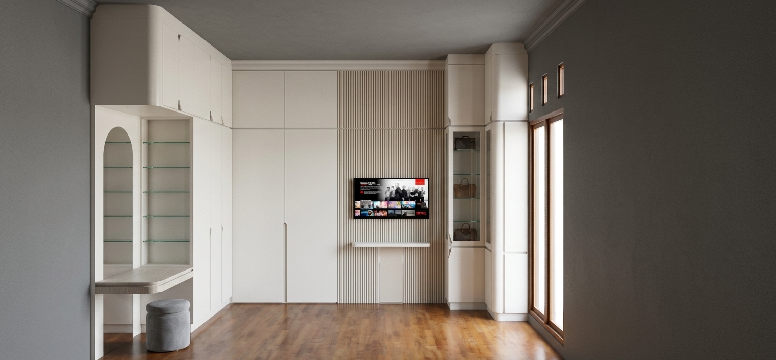 A photorealistic architectural interior photograph capturing the exact room layout, cabinetry, vanity desk, and TV setup under bright, natural spring midday light pouring in from the side windows. The built-in cabinetry features smooth satin-matte off-white lacquered finishes, ribbed vertical acoustic panel accents flanking the recessed screen, and clear glass shelving displaying accessories with authentic soft reflections. The rich hardwood parquet flooring exhibits natural wood grain, gentle specularity, and subtle surface micro-scratches. Diffused daylight fills the room with soft ambient occlusion in the corners, balanced by realistic indoor shadows and an active television display showing sharp screen glare, captured on a full-frame 24mm architectural lens with neutral color balance, minimal optical distortion, and faint film grain.