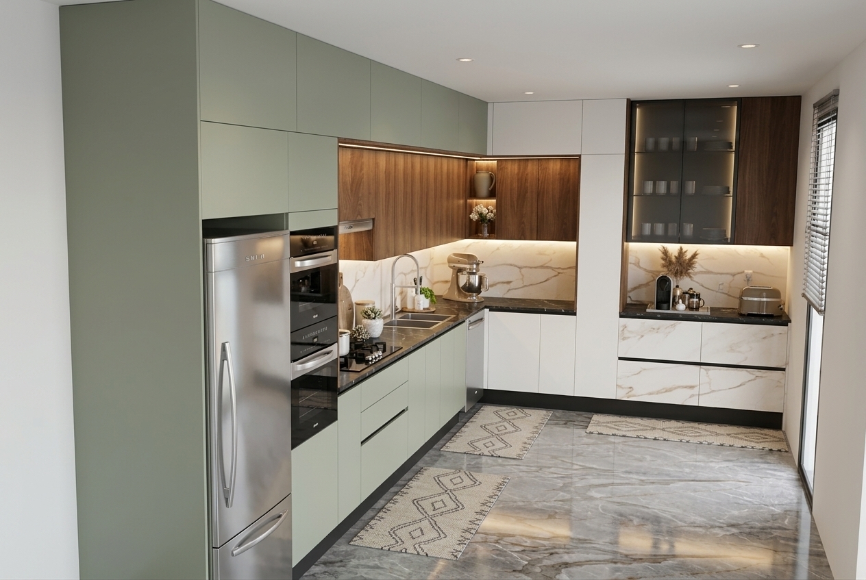 A crisp architectural photograph capturing the modern kitchen at spring night, strictly preserving the original geometry, composition, and layout. Soft, warm under-cabinet task lighting illuminates the matte cabinetry and polished marble surfaces, contrasted by faint, cool nocturnal ambient light filtering through the window. The brushed stainless steel appliances, wood veneer accents, and glass-front cabinets display natural physical reflections and micro-textures. Rendered with clean interior photography optics, accurate material physics, balanced contrast, subtle shadow falloff, and realistic depth.