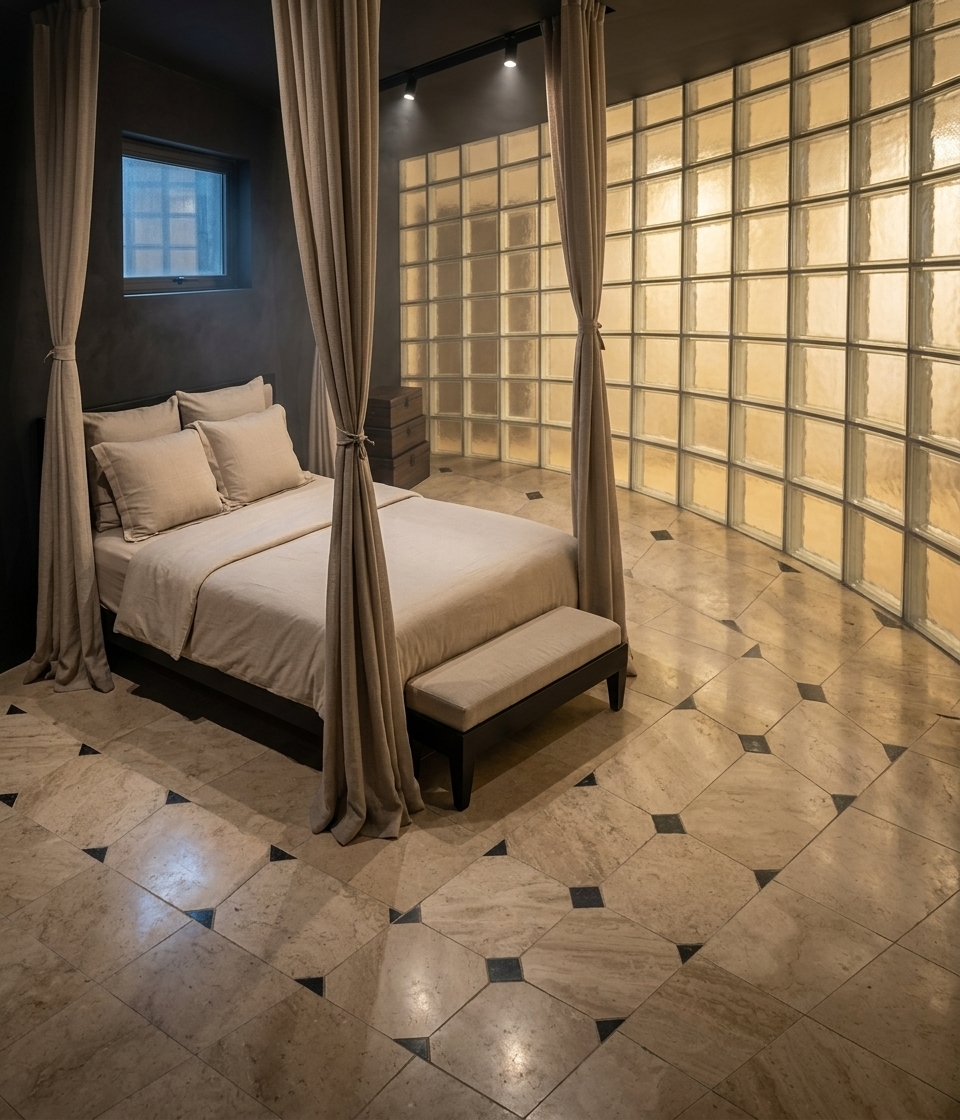 A high-end architectural photograph capturing the exact scene with rich, matte dark-brown walls and a matching dark ceiling. The curved right wall constructed of frosted glass blocks emits a warm, diffused golden interior glow that casts soft volumetric light across the room. Elegant linen drapery frames the neatly made bed and its end bench, rendered in neutral beige textiles with natural folding and fabric micro-textures. The floor is laid with semi-gloss ceramic tiles featuring subtle realistic reflections and grout lines. Shot with a 35mm lens, the moody atmospheric lighting creates deep shadows balanced by the glowing glass partition, finished with realistic optical depth of field and faint photographic grain.