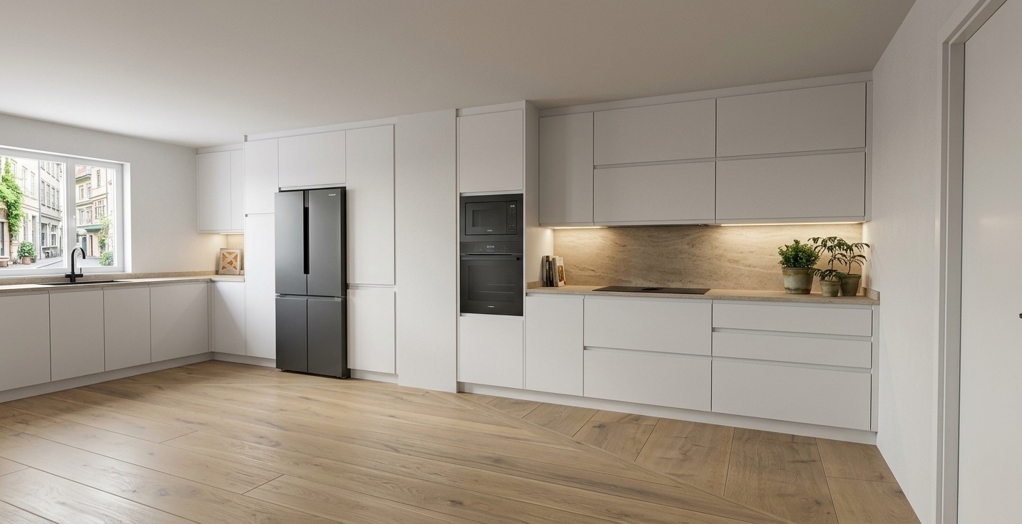 An interior architectural photograph capturing this exact modern kitchen with smooth handleless matte white cabinetry paired with an Agra Ivory stone countertop and matching backsplash. Warm integrated under-cabinet LED strip lighting casts a soft glow across the counter, balancing the cool daylight entering through the window. The light oak flooring features authentic wood grain and gentle satin reflections, while the matte black refrigerator and built-in ovens offer grounded contrast. Shot with a crisp wide-angle lens, the scene displays authentic material textures, clean highlights, and realistic ambient interior lighting without altering the composition or geometry.