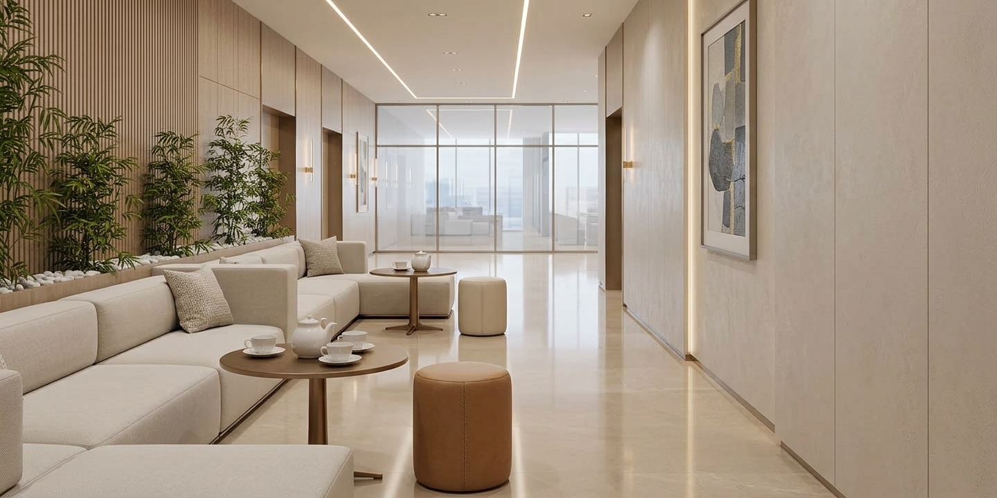 An incredibly lifelike, richly detailed, photorealistic wide-angle interior shot of an executive lounge and gallery corridor set in a contemporary luxury environment. The scene is illuminated by minimalist linear ceiling light channels, delicate ambient wall sconces, and soft diffused daylight pouring in from floor-to-ceiling glass at the corridor’s end, creating a serene, sophisticated, and warm atmosphere. Captured with a 24mm architectural tilt-shift lens, emphasizing polished champagne-toned stone floors with gentle reflections, acoustic vertical-slatted wall paneling, and tailored low-profile modular seating upholstered in shades of pearl and warm white. Verdant indoor bamboo planters framed by smooth white river stones introduce an organic touch along the left flank, while refined bronze pedestal tables with delicate porcelain tea services and cylindrical leather ottomans provide intimate breakout spaces. On the opposite wall, an oversized framed piece of abstract art hangs gracefully against smooth, light-toned architectural surfaces, epitomizing clean-lined, understated contemporary elegance.