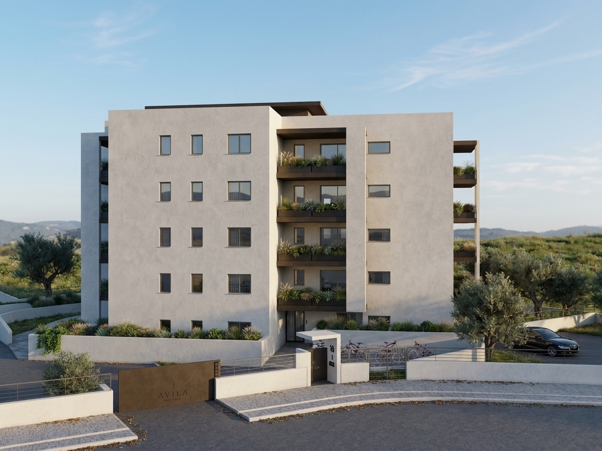 A professional architectural photograph capturing the exact building, perspective, and composition from the image under clear, natural daylight. The white stucco facade features realistic matte plaster texture with subtle surface imperfections and soft, authentic directional shadows. Balcony planters and surrounding olive trees exhibit rich organic depth, translucent leaves, and varied botanical tones. The windows show natural sky reflections and subtle interior opacity, while the dark metal accents and boundary wall carry realistic tactile finishes. The foreground asphalt and paved curbs display fine aggregate textures, subtle seams, and faint weathering. Shot on a sharp tilt-shift architectural lens with neutral color temperature, balanced contrast, fine photographic grain, and gentle corner vignetting.